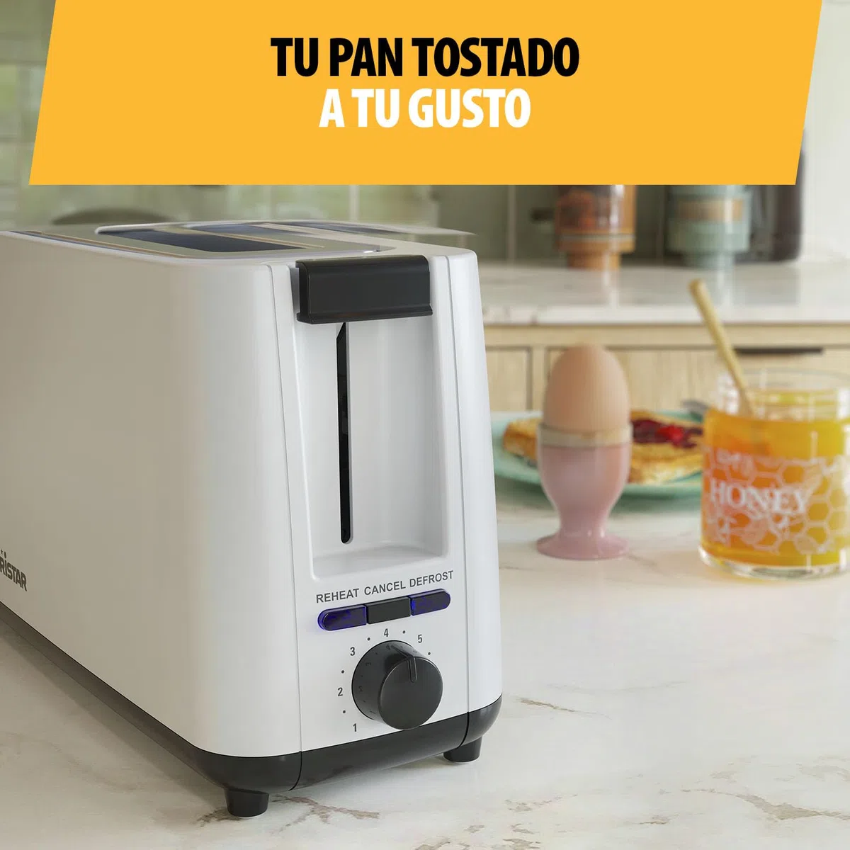 Tristar Tostadora de una ranura larga, 7 niveles de tostado, función recalentar, función descongelar, función elevar, función centrar, función cancelar, blanco, BR-1056