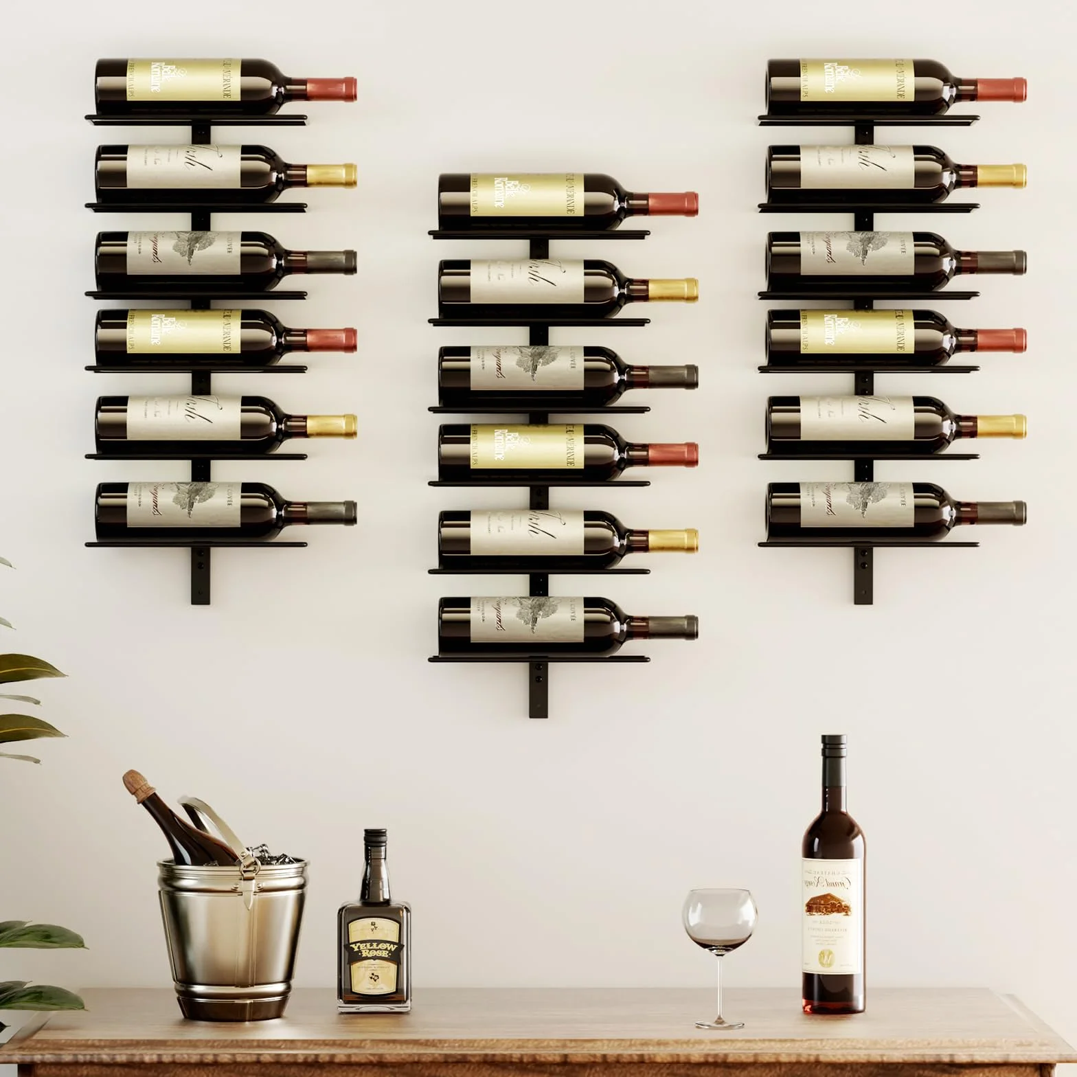 Estante para vino de pared para 18 botellas - Estante para vino de pared de metal para botellas de vino, licor y champán, soporte de exhibición de almacenamiento de vino resistente para bar en casa