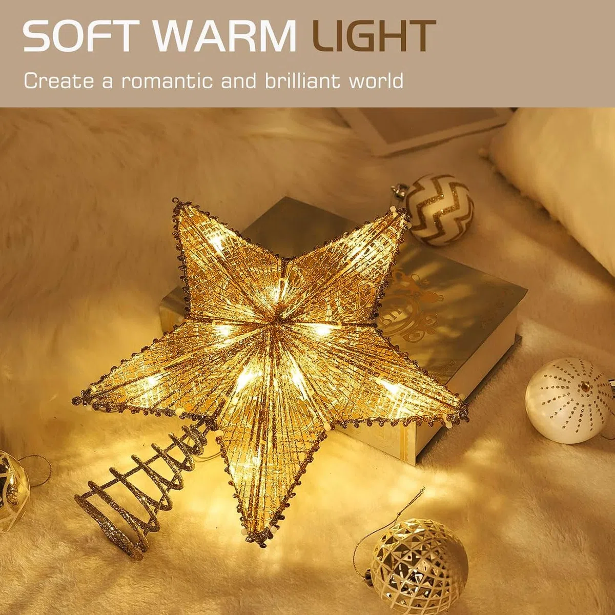 Estrella de Cinco Puntas para Árbol de Navidad, Adorno Brillante con Luces LED USB y Mando a Distancia, Oro