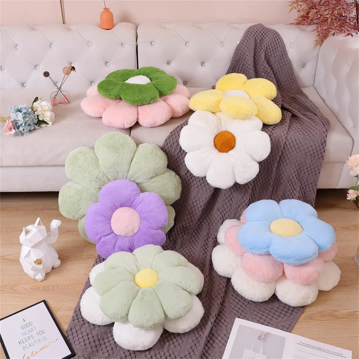 Almohada de Flores de Peluche Cojín de Suelo Cojín del Asiento de la Silla Almohada Decorativa Sofá Cama Almohada (40CM, Pink White)
