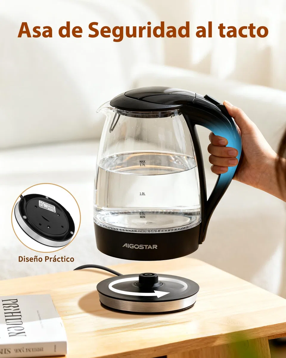 Aigostar Adam 30GOM - Hervidor de Agua Eléctrico de Cristal, Hervidores Eléctrico con Iluminación Led, 1,7 L, 2200W, Libre de BPA y Sistema de Protección Contra la Ebullición en Seco, Base 360º