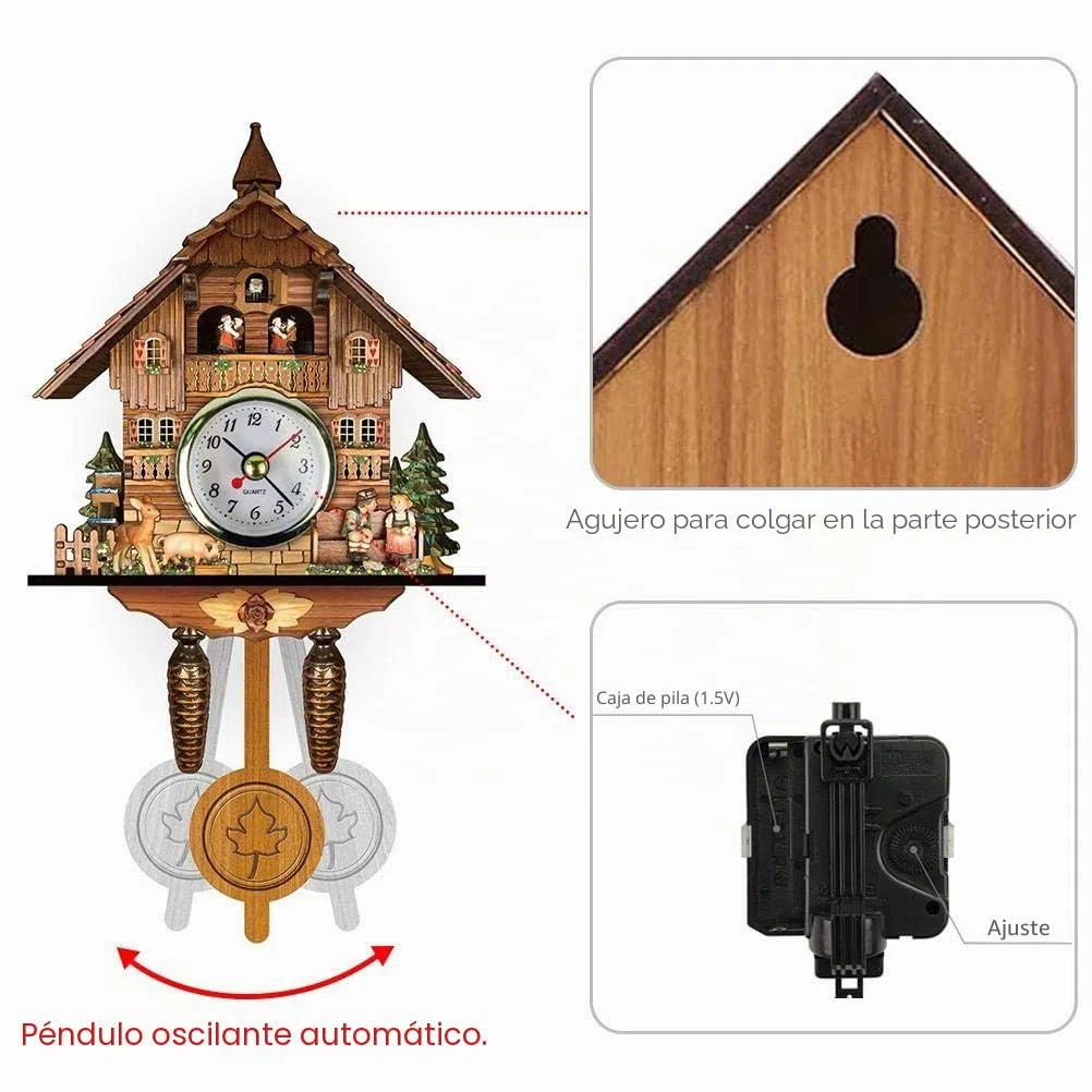Reloj de Cuco de Madera Antiguo, Colgante de la Selva Negra, Reloj de Pared de Péndulo para Coche, Decoración del Hogar