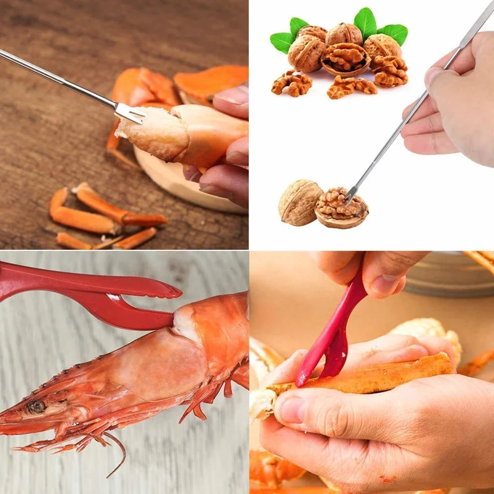Artcome Juego de herramientas de marisco: 2 galletas de cangrejo, 2 peladoras de langosta, 2 tenedores de mariscos, 2 tenedores anchos de cangrejo, 1 tijeras de mariscos y 1 bolsa de almacenamiento