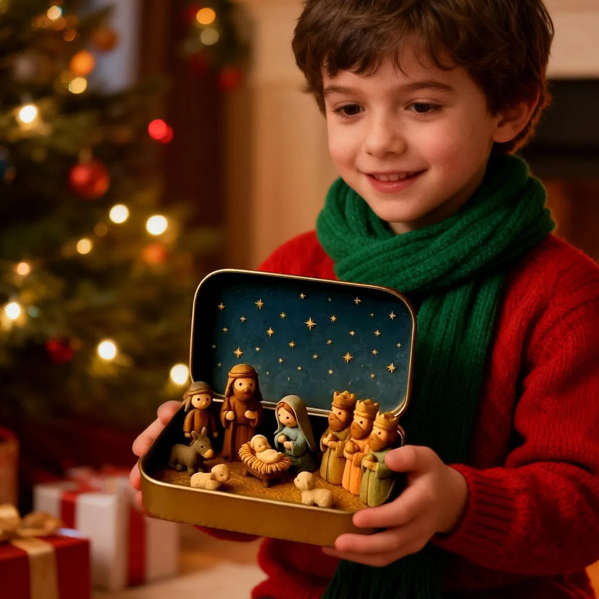 Belén bolsillo | Conjunto Natividad | Belenes navideños en miniatura en caja hojalata | Escena Belén bolsillo | Exhibición portátil figuras ovejas y Jesús Sagrada Familia para decoración interiores