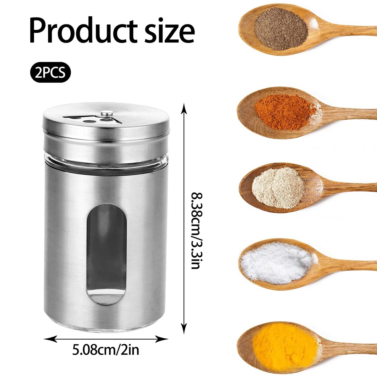 Juego de 2 saleros y pimenteros con agujeros de vertido ajustables con tapa de acero inoxidable, dispensador de especias de acero inoxidable, ideal para Himalaya rosa, sal de mesa, pimienta negra y
