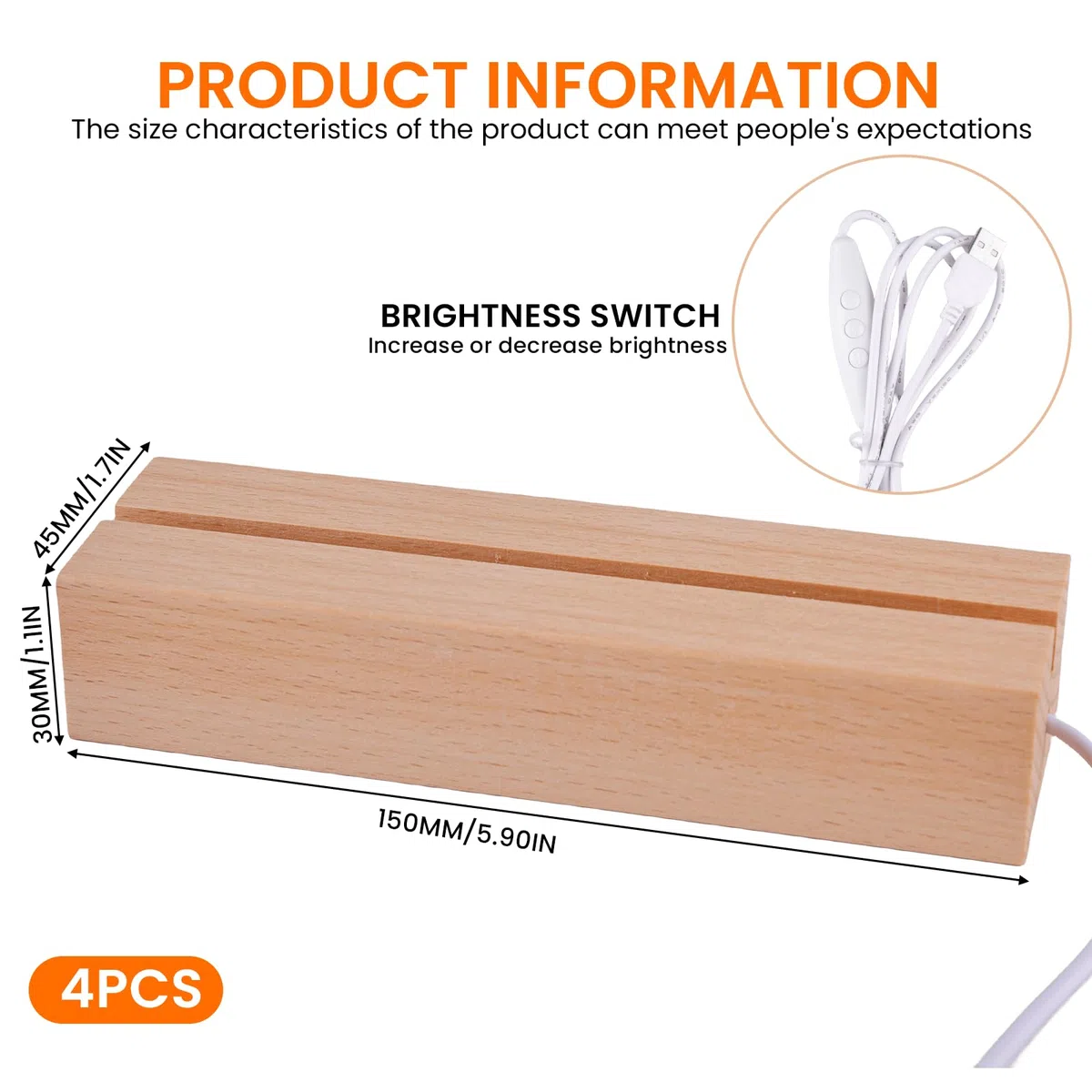 4 piezas de base de exhibición de luces LED: base de iluminación de madera rectangular multicolor, soporte de luces LED de escritorio USB para placa de acrílico de 5 mm de grosor, placa de