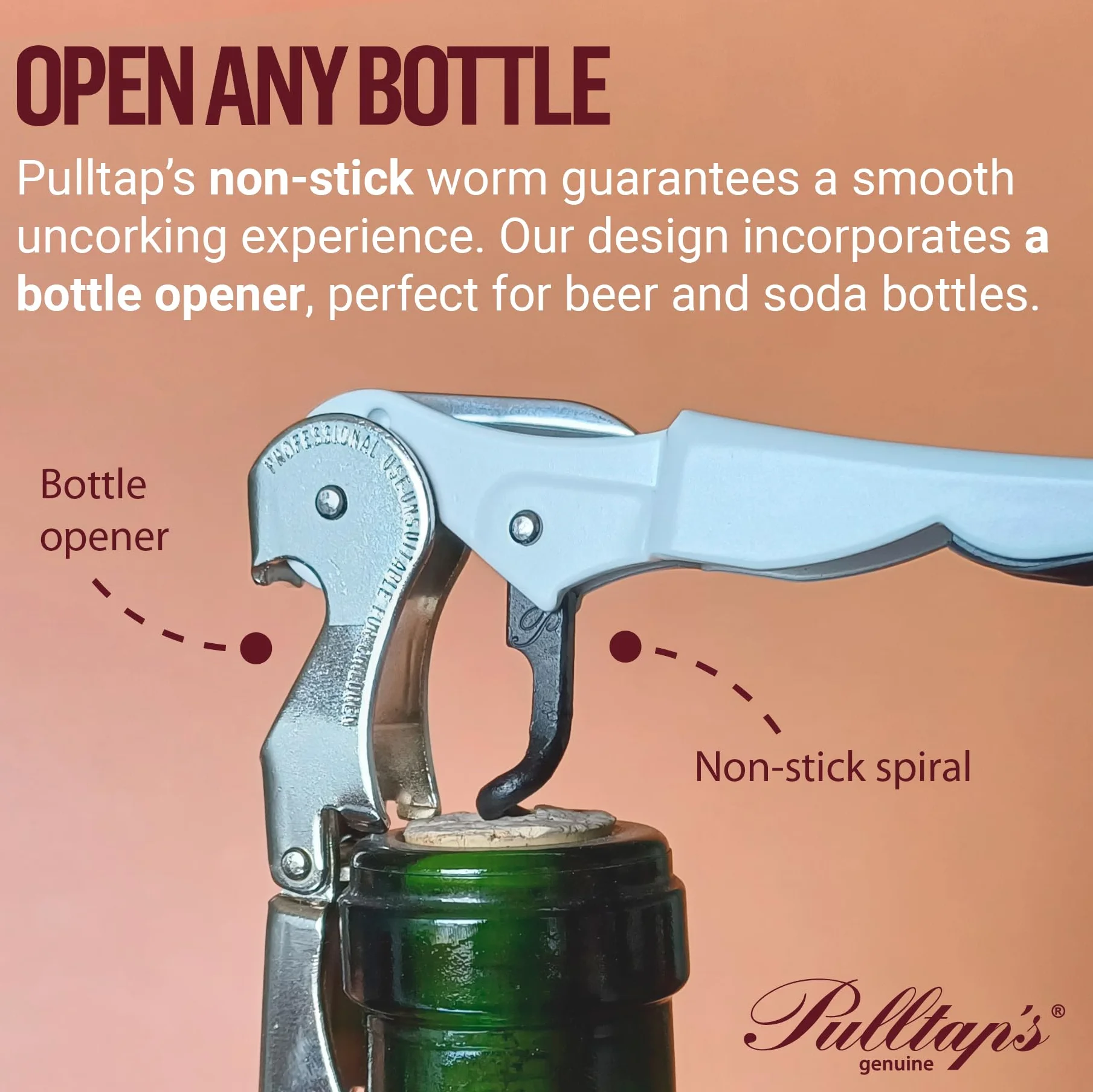 PULLTAP'S GENUINE Classic 500 para ZURDOS (Amarillo) Abridor de Vino, Sacacorchos de camarero profesional. Incluye doble palanca articulada, navaja cortacápsulas y abridor. Fabricado en España