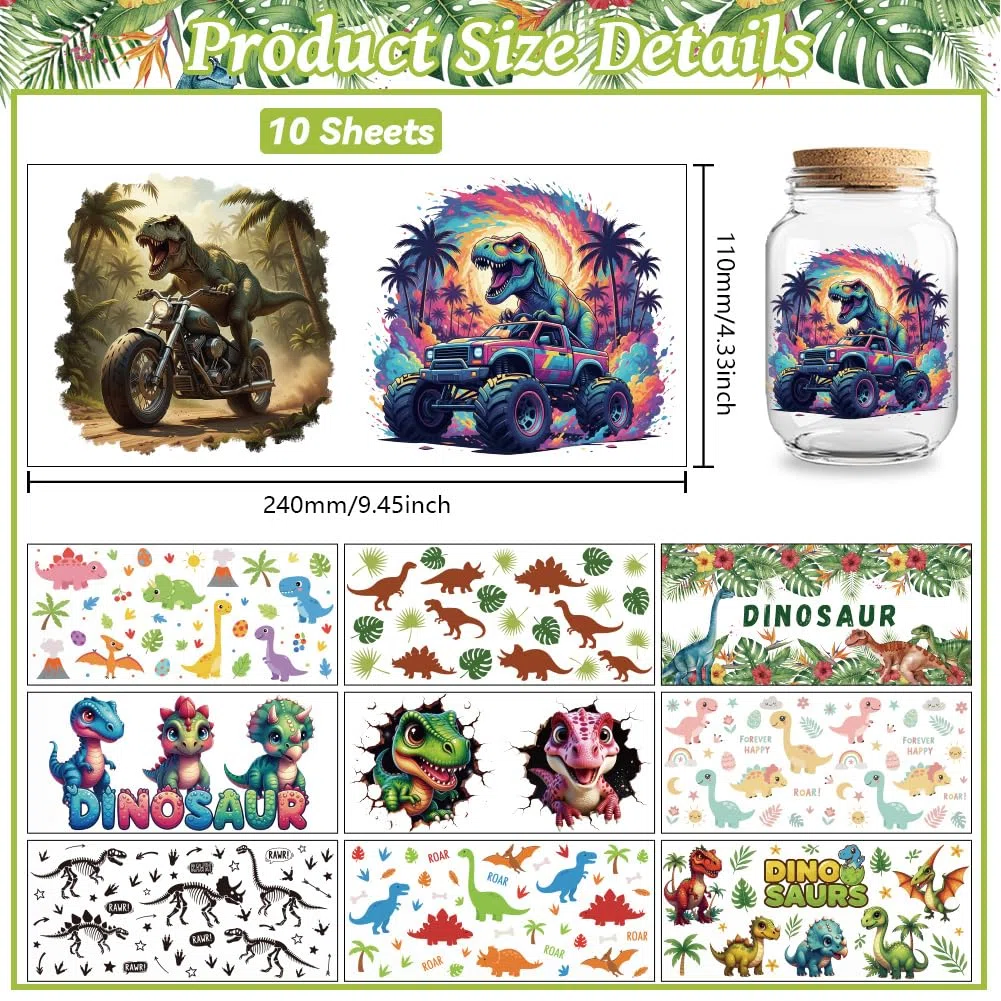Peacoblue Calcomanías de transferencia UV DTF con patrón de dinosaurios, 10 hojas de calcomanías de transferencia de vinilo personalizadas impermeables de 16 onzas para taza de café, vaso, botella