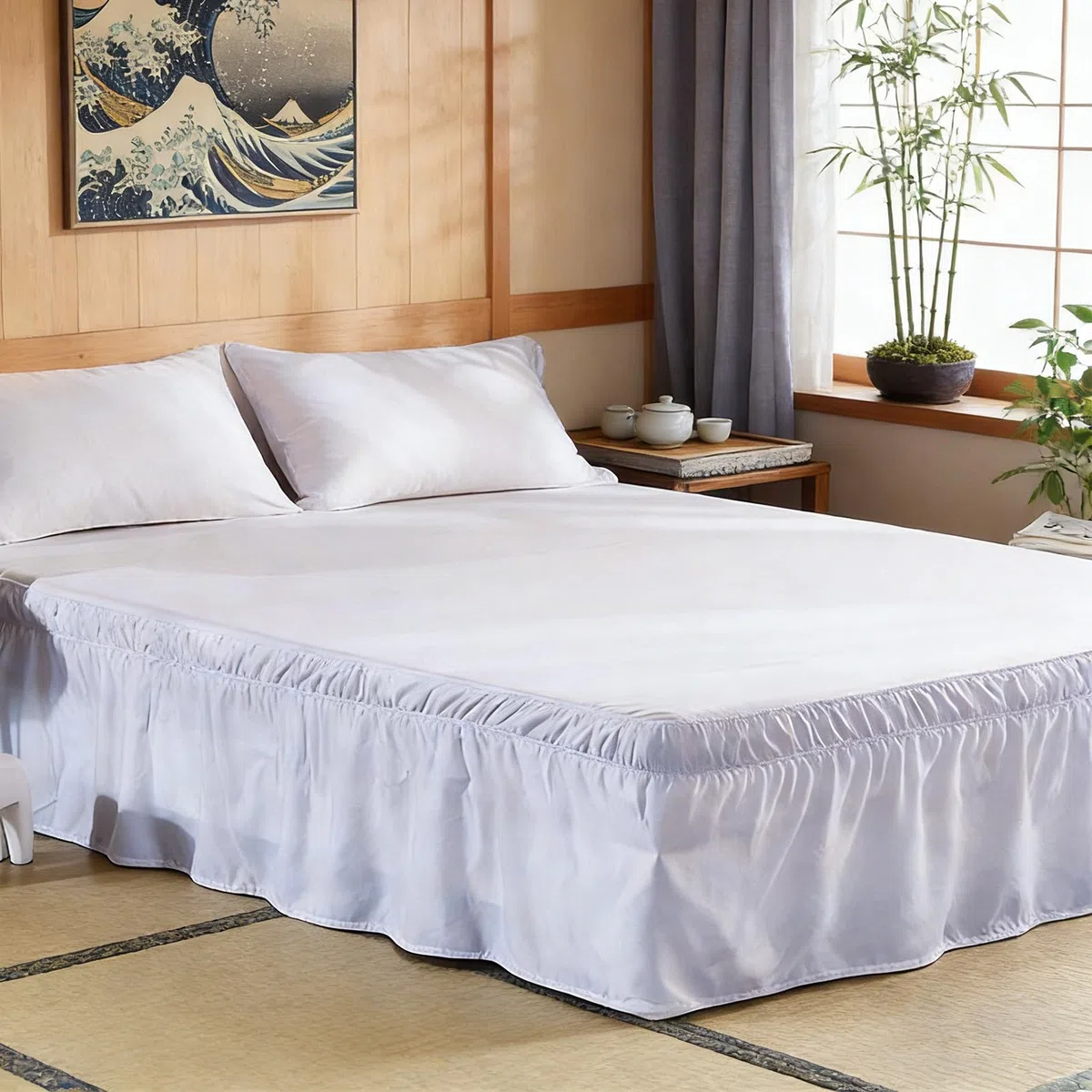 Falda de cama plisada, funda de cama, falda de cama sólida con volantes, falda elástica para cama con volantes, resistente al encogimiento, estilo envolvente, 150 x 200 x 38 cm, blanco frío