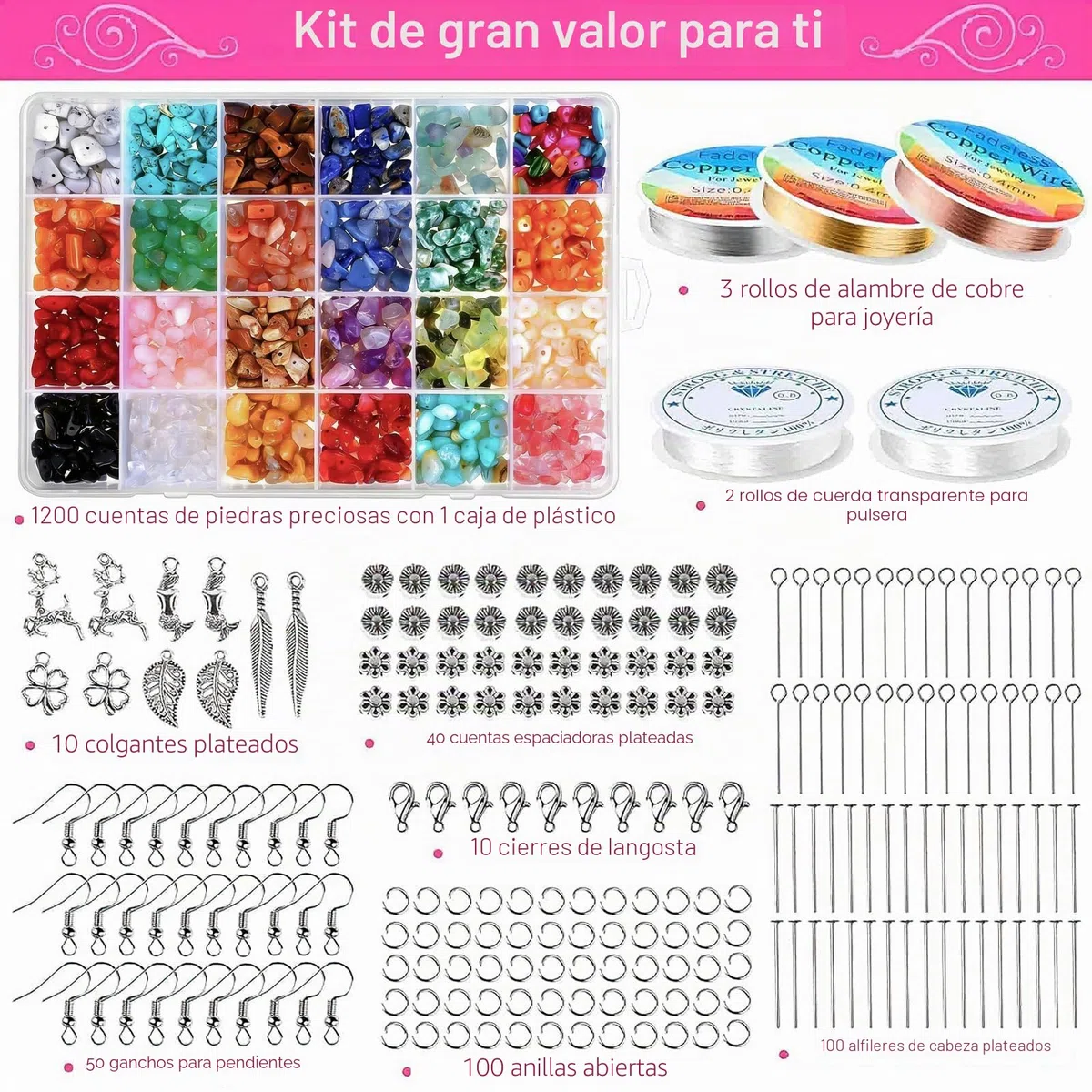 JTHTJOK Set para Hacer Joyería, 24 Colores Perlas de Piedras Preciosas Naturales 5–8 mm, Juego de 1510 Piezas de Perlas de Piedra para Joyería DIY, Anillos, Pulseras, Collares y Pendientes, Perlas de