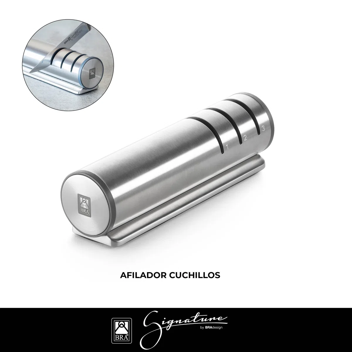 BRA Signature | Afilador de cuchillos, Acero Inoxidable 18/10, Sistema de tres ruedas, Alta Precisión