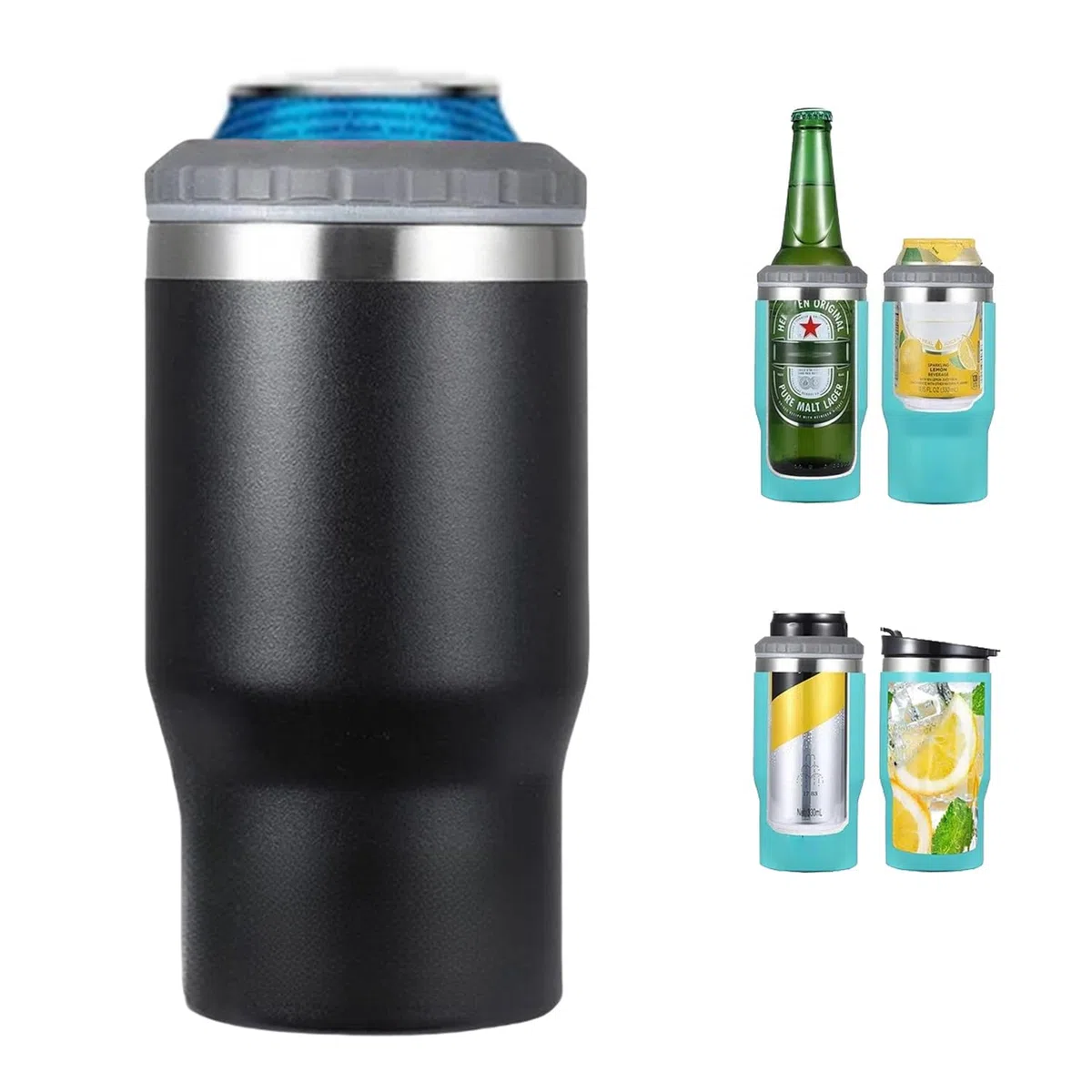Aislante 4 en 1 de acero inoxidable para latas/botellas, tapas bidireccionales de 14 onzas, enfriador de latas aislado SUS, soporte para botella de cerveza (negro)