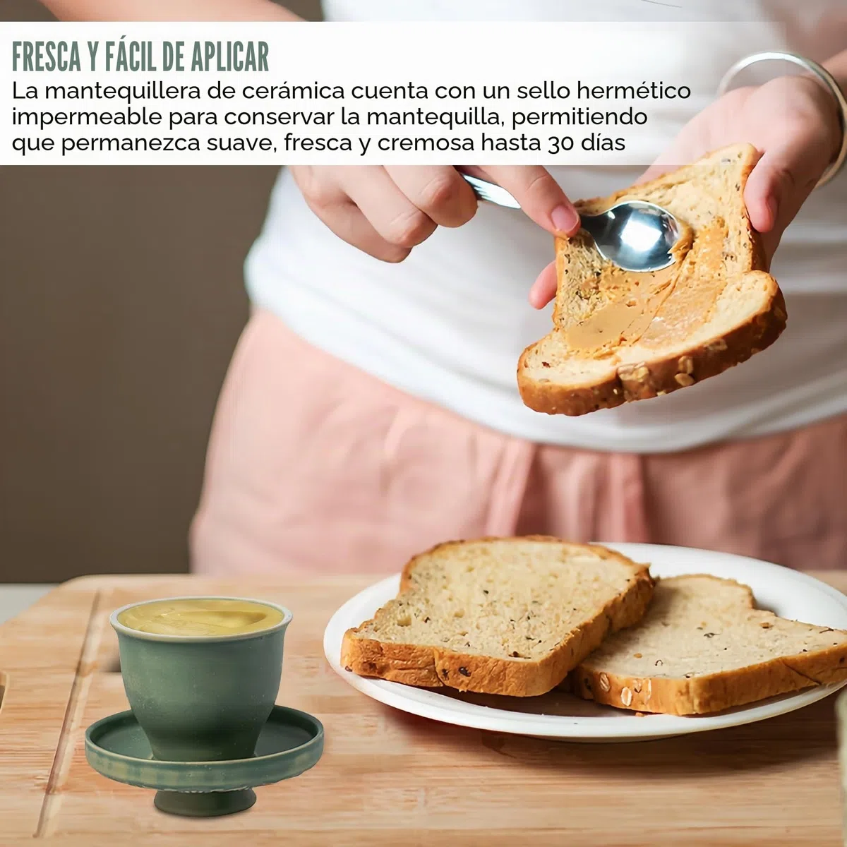 Mantequera francesa de cerámica PORFOYO, 200 ml, con tapa, enfriada por agua, con cuchillo de mantequilla, para mantequilla fresca y untable