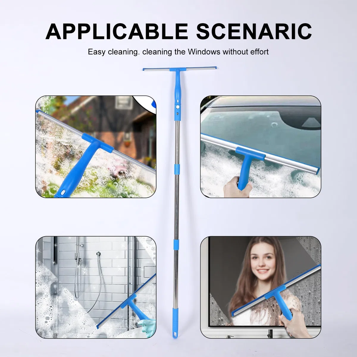 Limpia Cristales - Limpiacristales con Mango Extensible - Limpiacristales telescópico - Incluye Varilla telescópica de 136 cm y limpiaparabrisas de 137 cm - Ideal para Ventanas Altas-duchas y Coches