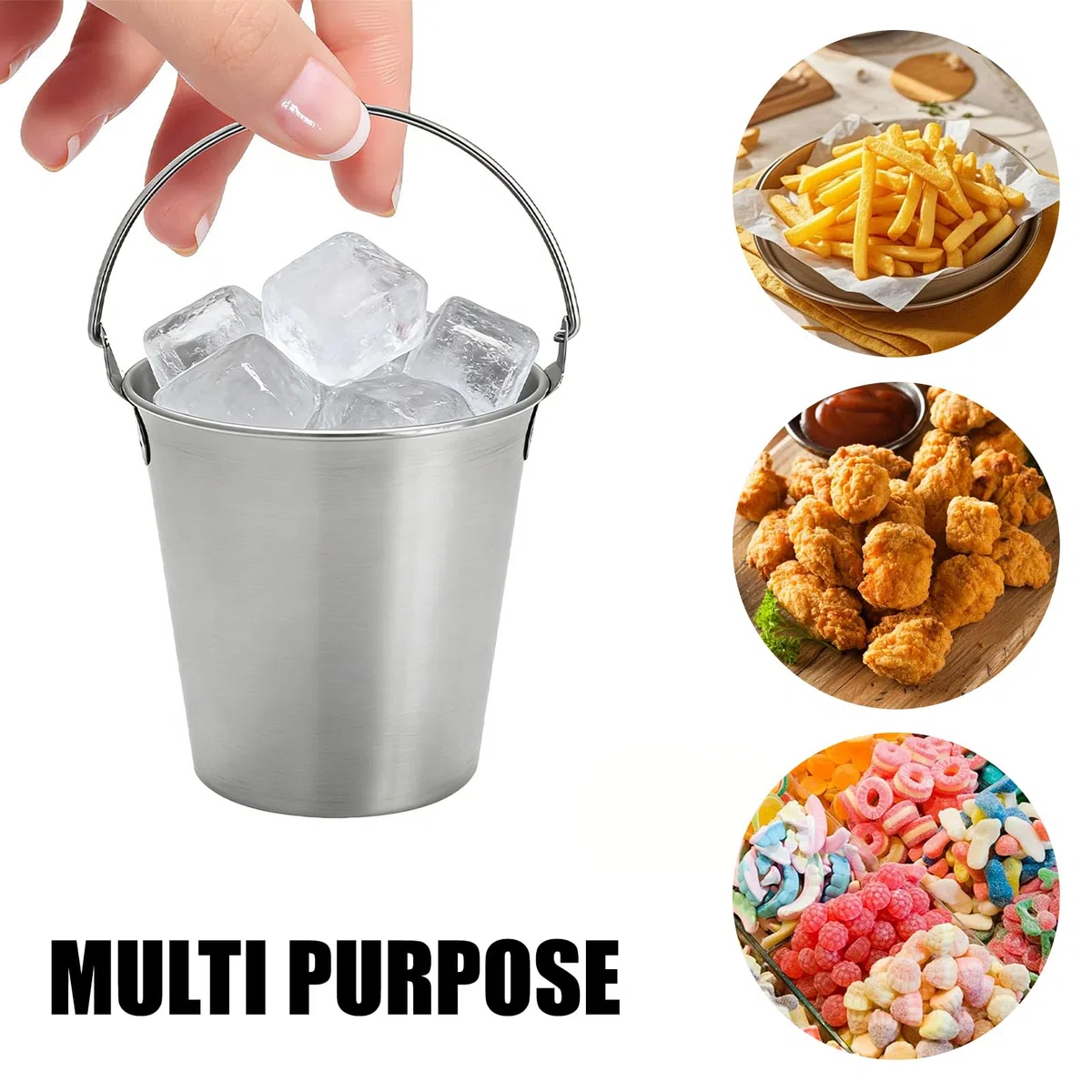 Cubitera pequeña de acero inoxidable con asa para bebidas, vino, papas fritas, alas de pollo, bares, fiestas, uso para fiestas, bares, hogar, 2 L (plateado)