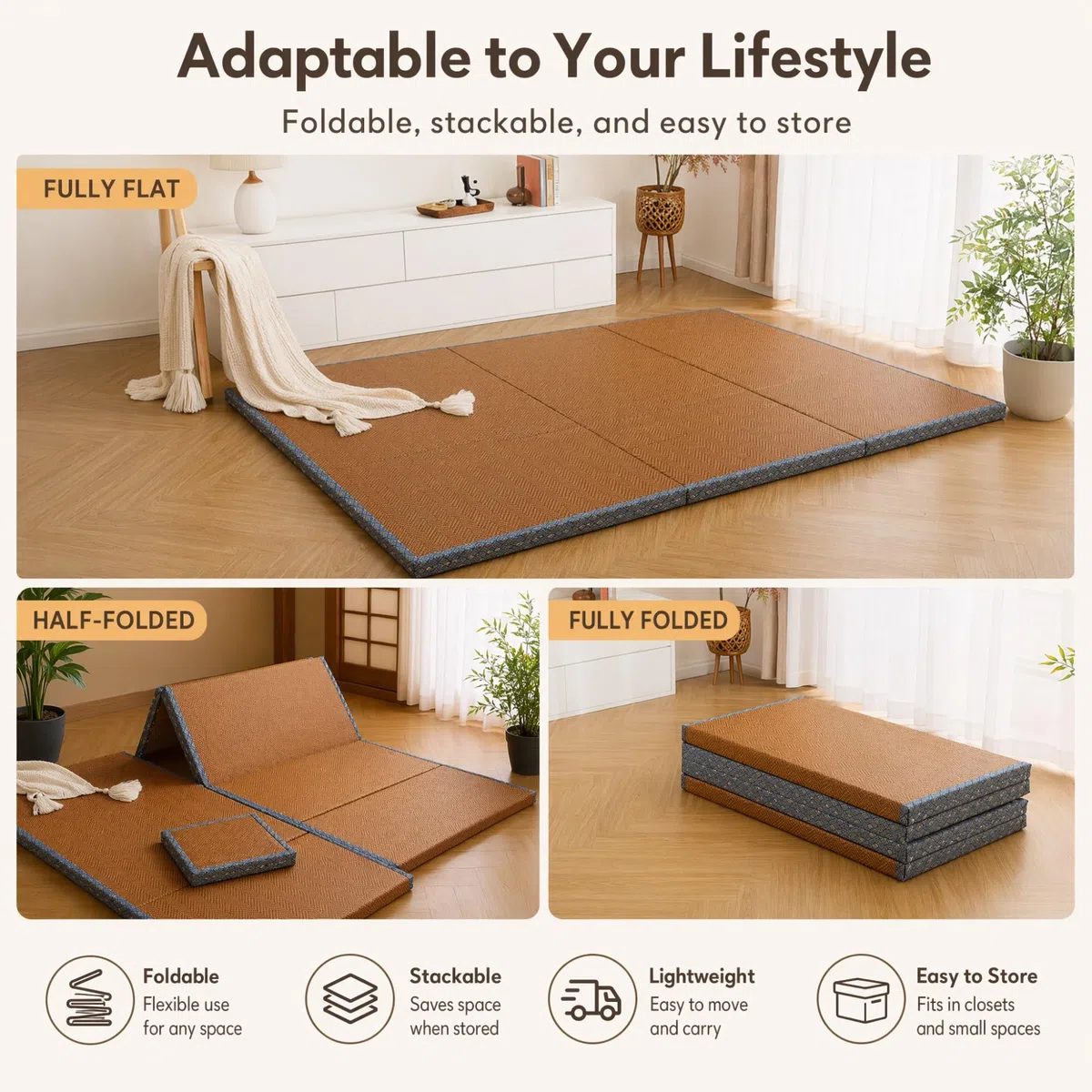 NEPHRA Tatami Plegable, Futón Japonés Antideslizante y Transpirable con Fibra Vegetal Natural, Grosor 3/5 cm para Yoga, Meditación y Zen(120 x 190 x 5 cm)