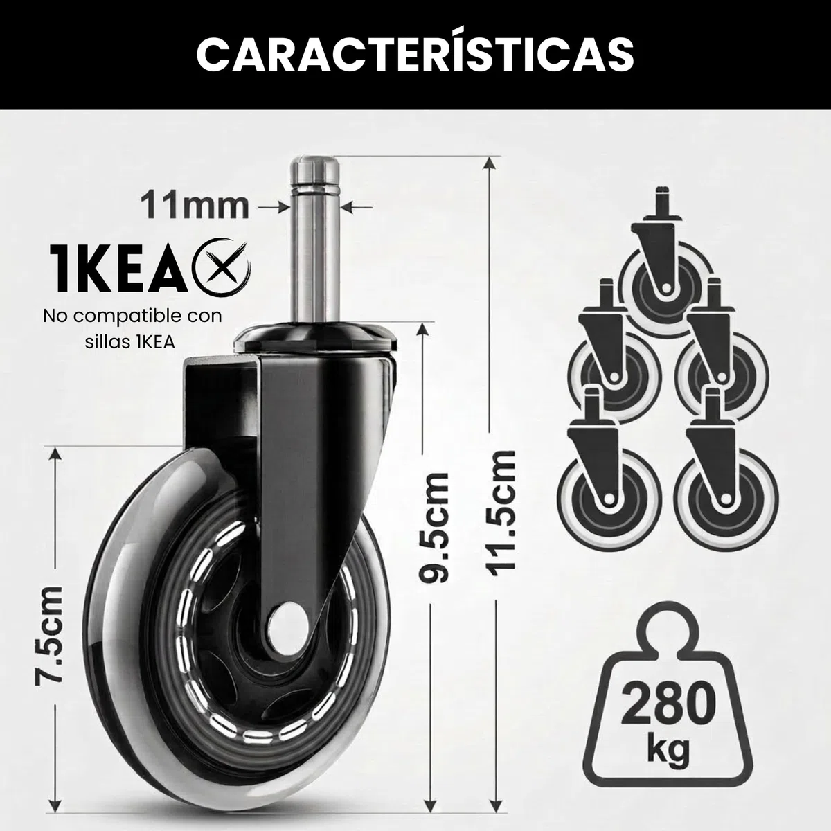 Ediesi, Ruedas Silla Oficina Silicona (Juego de 5) – Ruedas Giratorias Silenciosas y Suaves – Recambio Universal 11x22mm – No Rayan Suelo, Alta Resistencia Acero (11x22 mm)