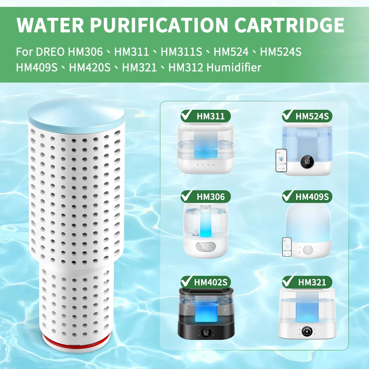 Paquete de 4 cartuchos de desmineralización humidificador para Dreo HM306 HM311 311S HM524 524S HM409S HM420S HM321 HM312, purificación de 3 capas con pellets de iones de plata, filtros 150L