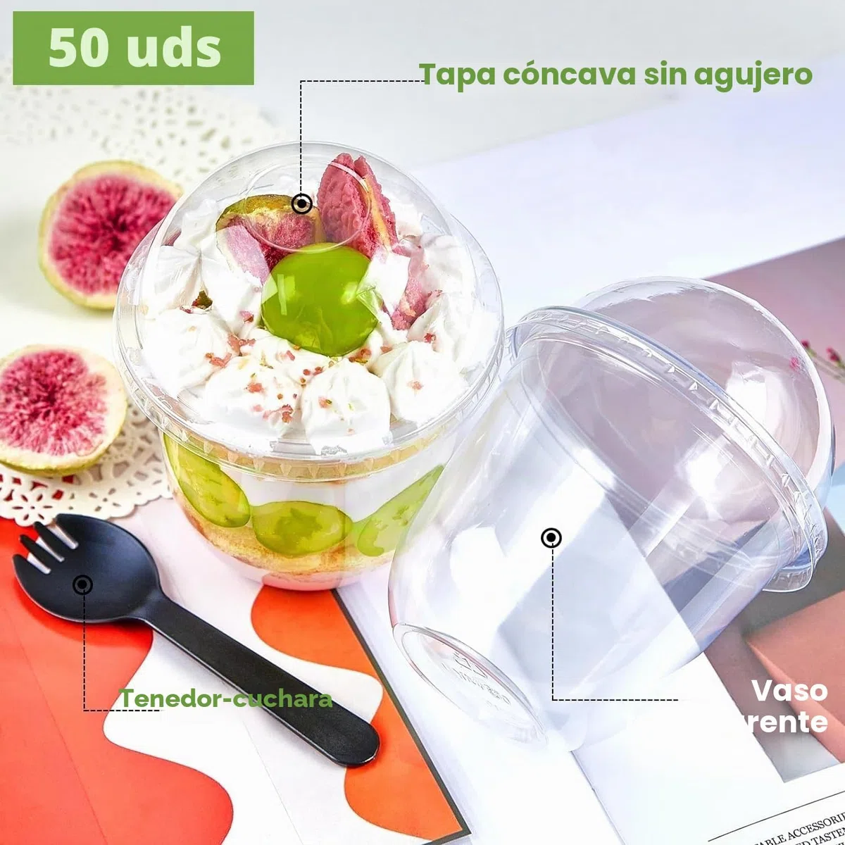 LATERN 50 Piezas Vasos de Postre de Plástico con Cúpula Tapas, 360ml Tazas de Postre Redondas Taza de Aperitivo de Parfait Transparente Tazón para Servir Reutilizable con Tenedores para Pudín Mousse