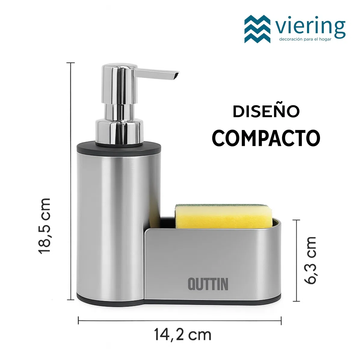 Organizador de Fregadero de Cocina de Acero Inoxidable con dispensador de jabón Integrado–Porta estropajos y cepillos–Accesorio Resistente, Elegante y práctico–18,5 cm x 14,2 cm x 6,3 cm (Compacto)