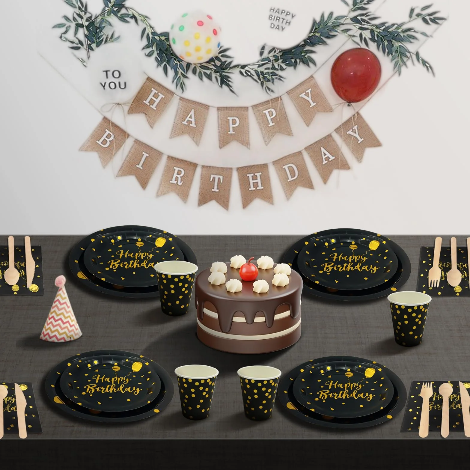 Cumpleaños Vajilla de Fiesta,193 Pcs Oro Negro Vajilla Set Platos Fiesta Tazas Servilletas Cuchillos Tenedores Cuchara y Mantel, para todo tipo de Fiestas Temáticas -24 invitados