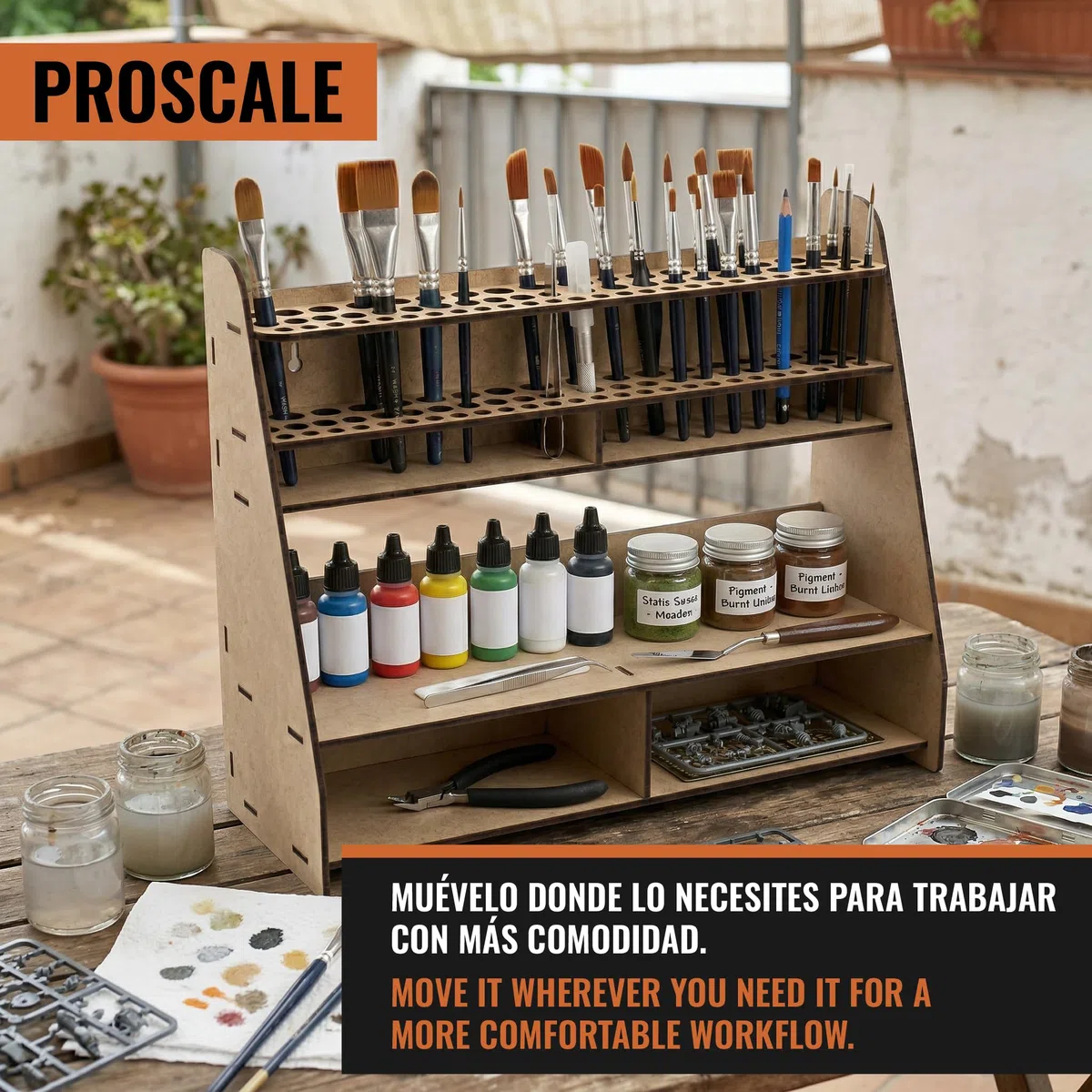Organizador pinceles herramientas y pinturas para modelismo miniaturas estantería porta herramientas mesa y pared kit corte láser bellas artes hobby compatible con Vallejo Citadel Army Painter AK