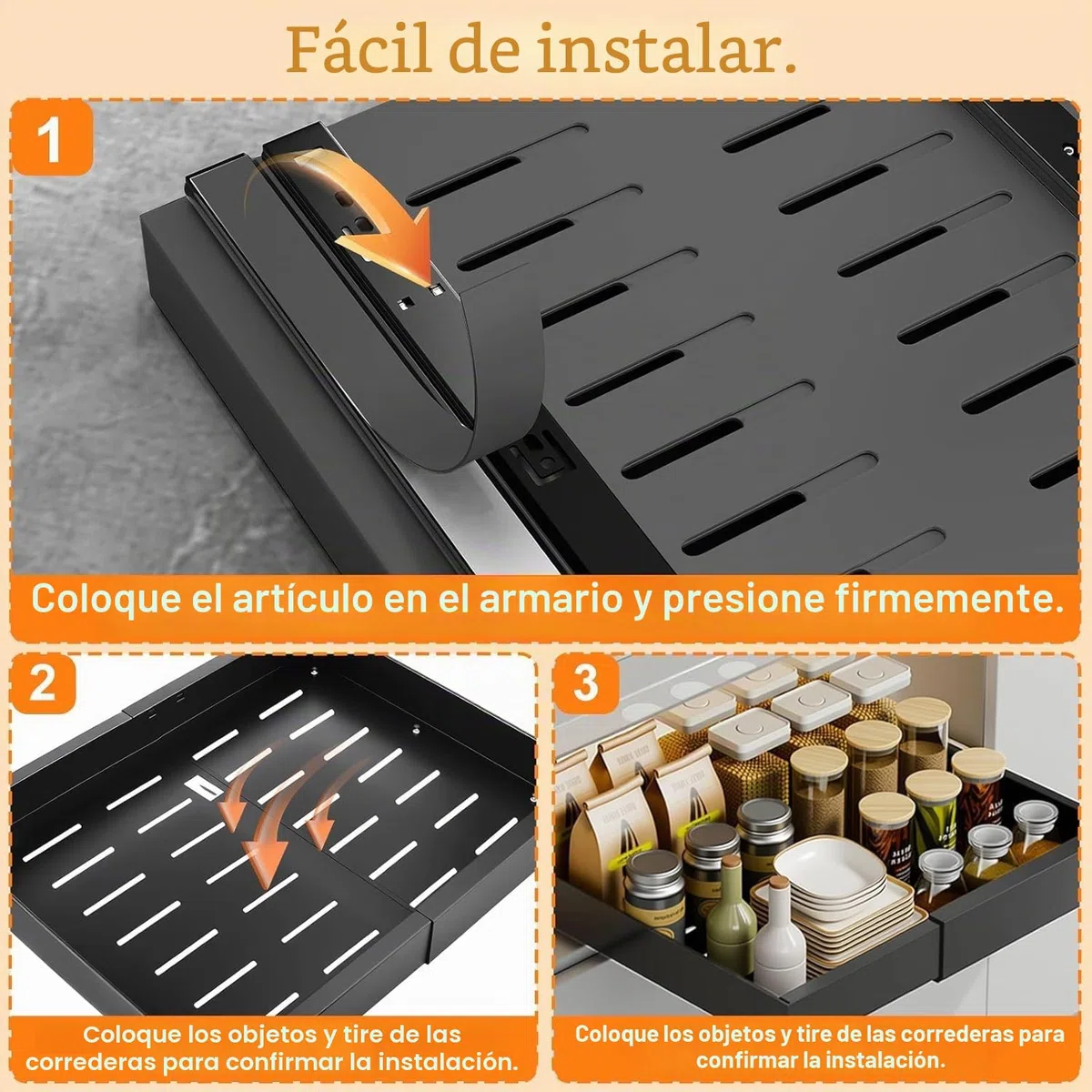 Cajones Extraibles Para Cocina,Bandeja Armario Telescópico Adhesivos,Cajones Deslizantes Para Cocina,Ancho Ajustable De 32 a 53 Cm Con Riel Autoadhesivo Silencioso,No Requiere Taladrar Ni Clavar