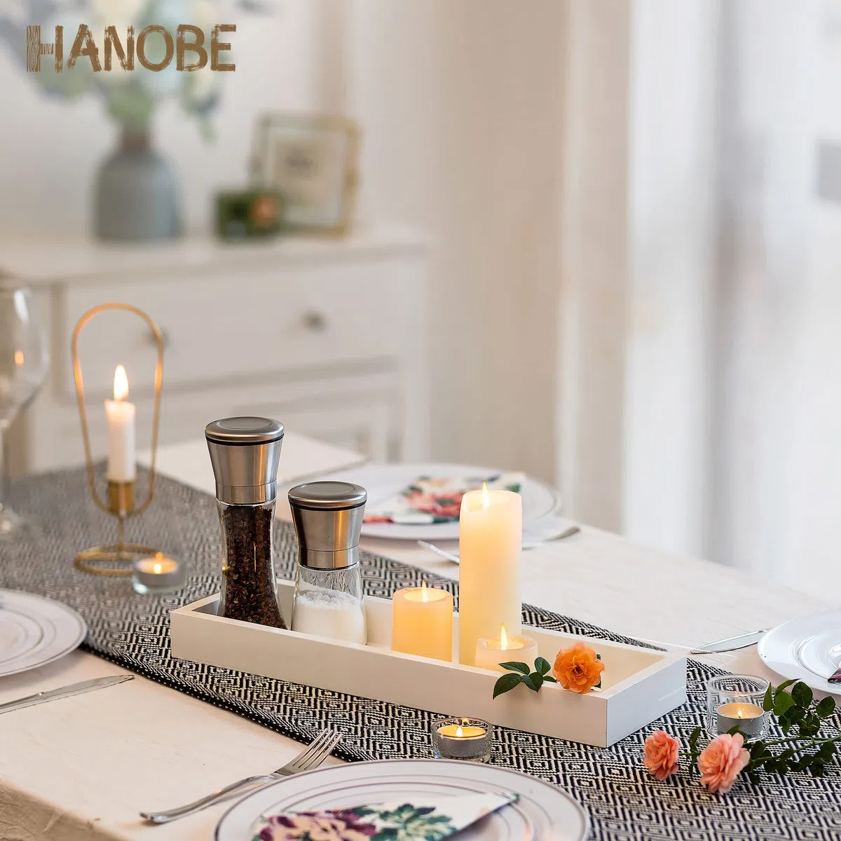 Hanobe - Bandeja de Madera para Servir, Rectangular, Estrecho, Decorativo, café, Platos y bandejas, Moderna, Blanca, pequeña Mesa, sin Mango, Bandeja de Madera de Vela para Cuarto de baño