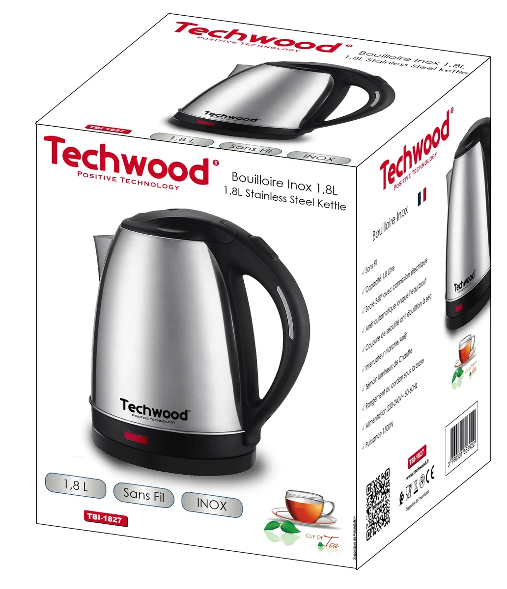 Hervidor de agua de acero inoxidable 1,8 L inalámbrico Potencia 1500 W TBI-1827 Techwood