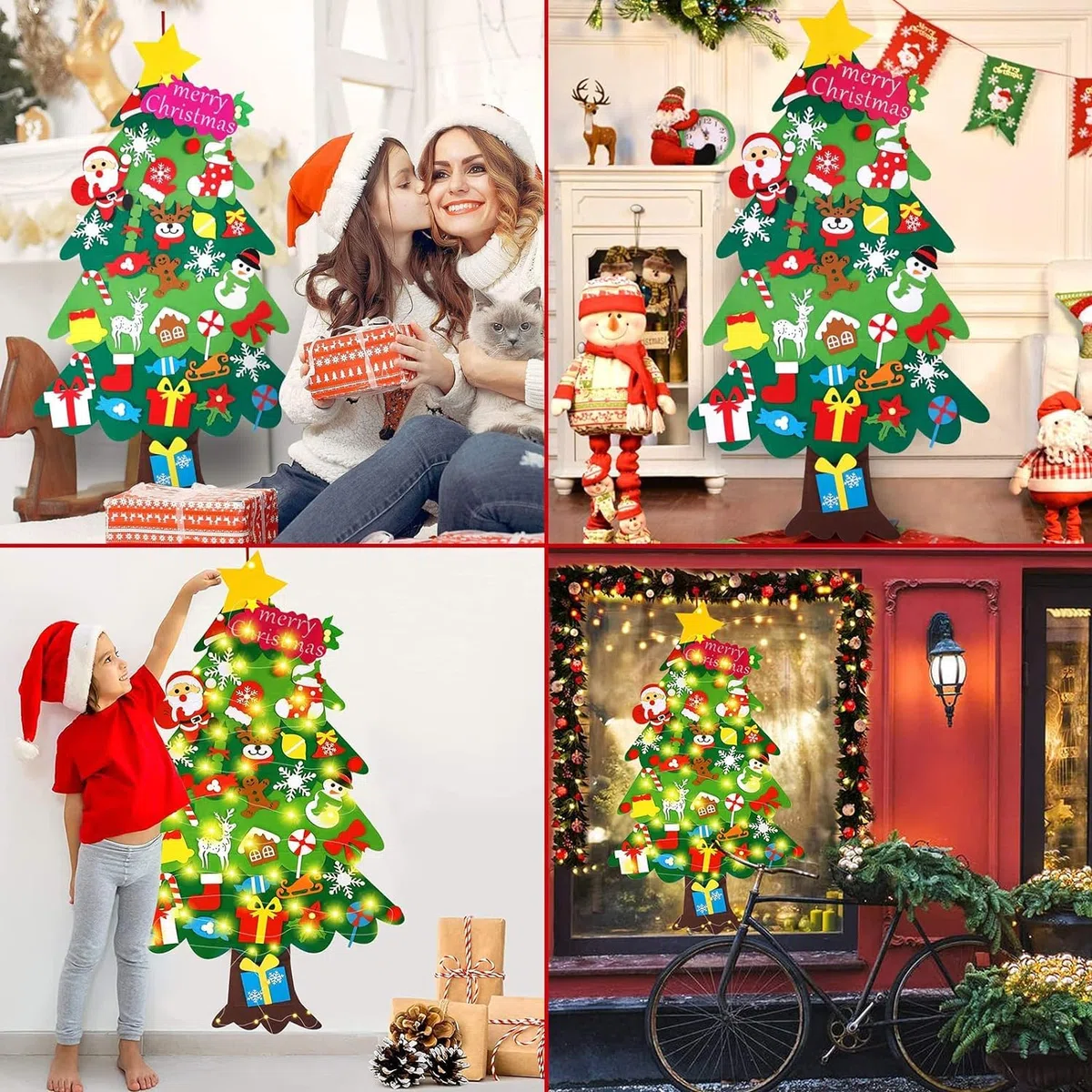 35pcs Fieltro Árbol de Navidad, DIY Christmas Hanging Tree ​con Ornamentos Desmontables El árbol de Navidad de 50 Luces LED,para Regalos navideños, Decoración de Navidad para Paredes y Puertas del