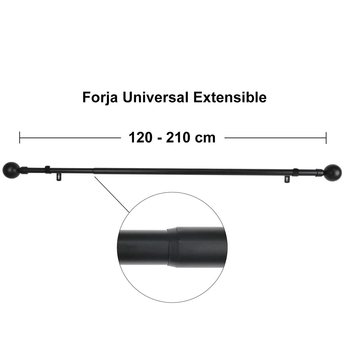 MERCURY TEXTIL-Barra Sencilla Forja Universal Extensible,Barra de Cortinas Decorativa Extensible (Negro, 120-210cm Bola)