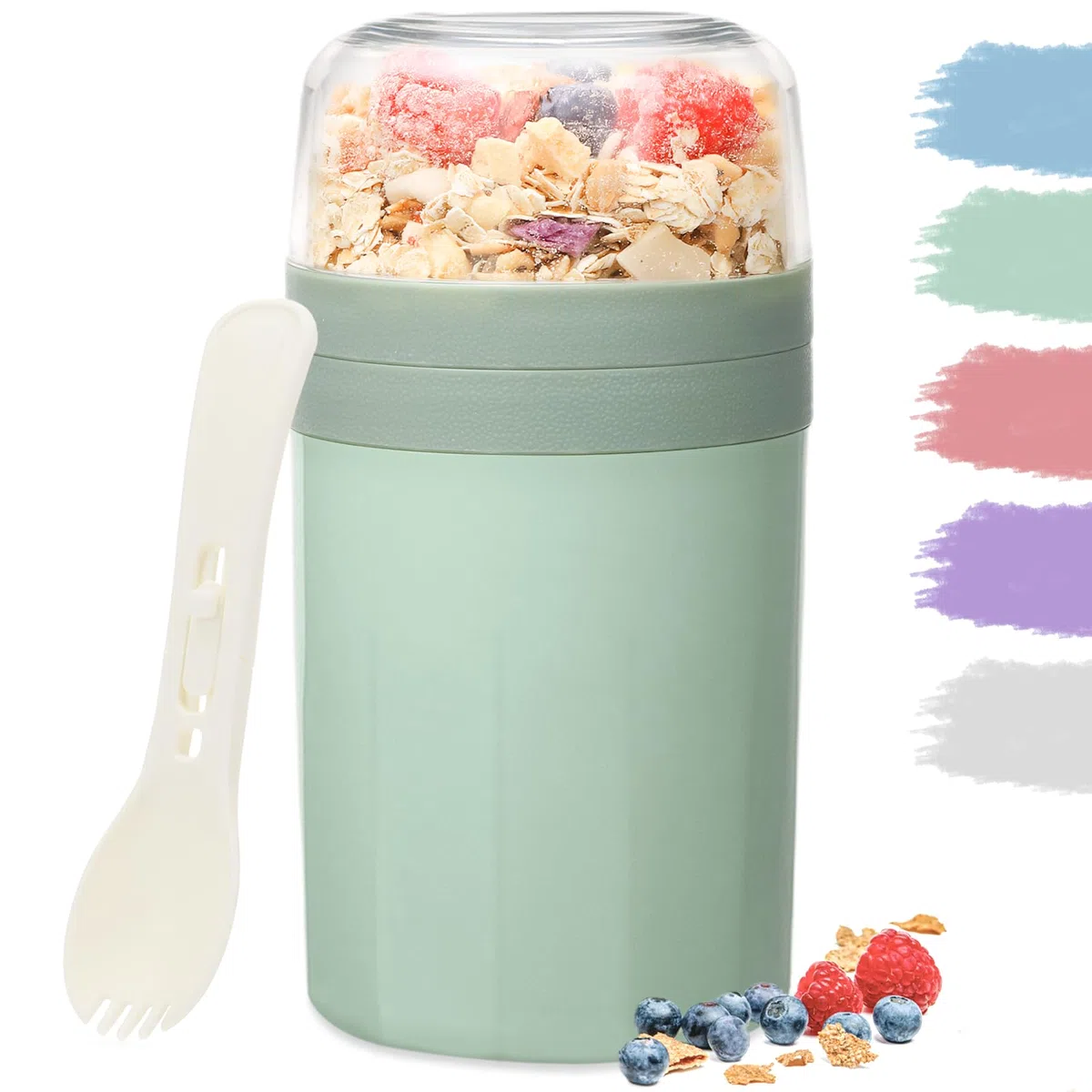 Bugucat Taza de Yogur 520ML+250ML, Porta Yogur y Fruta Vaso de Cereales para Llevar con Tapas y Cuchara, Reutilizable Porta Vaso Portátil Taza de Cereales con Recipiente para Ensaladas,Verde