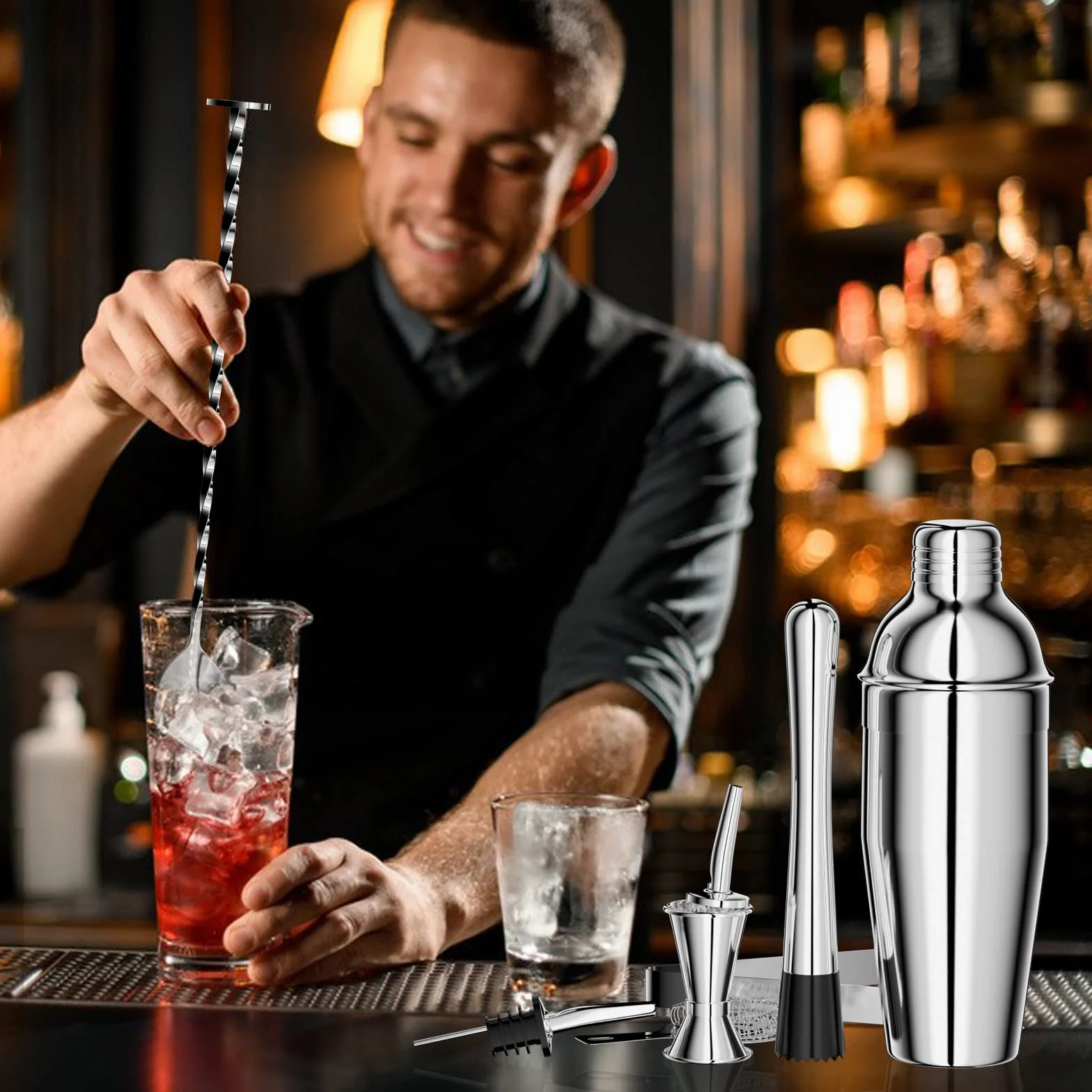 Newaner 750ML Coctelera, 8 piezas juego de Coctéles de acero inoxidable, profesional barman herramientas con colador, medidor, cuchara, vertedor, para mezclar bebidas, hogar, barra, fiestas (plata)