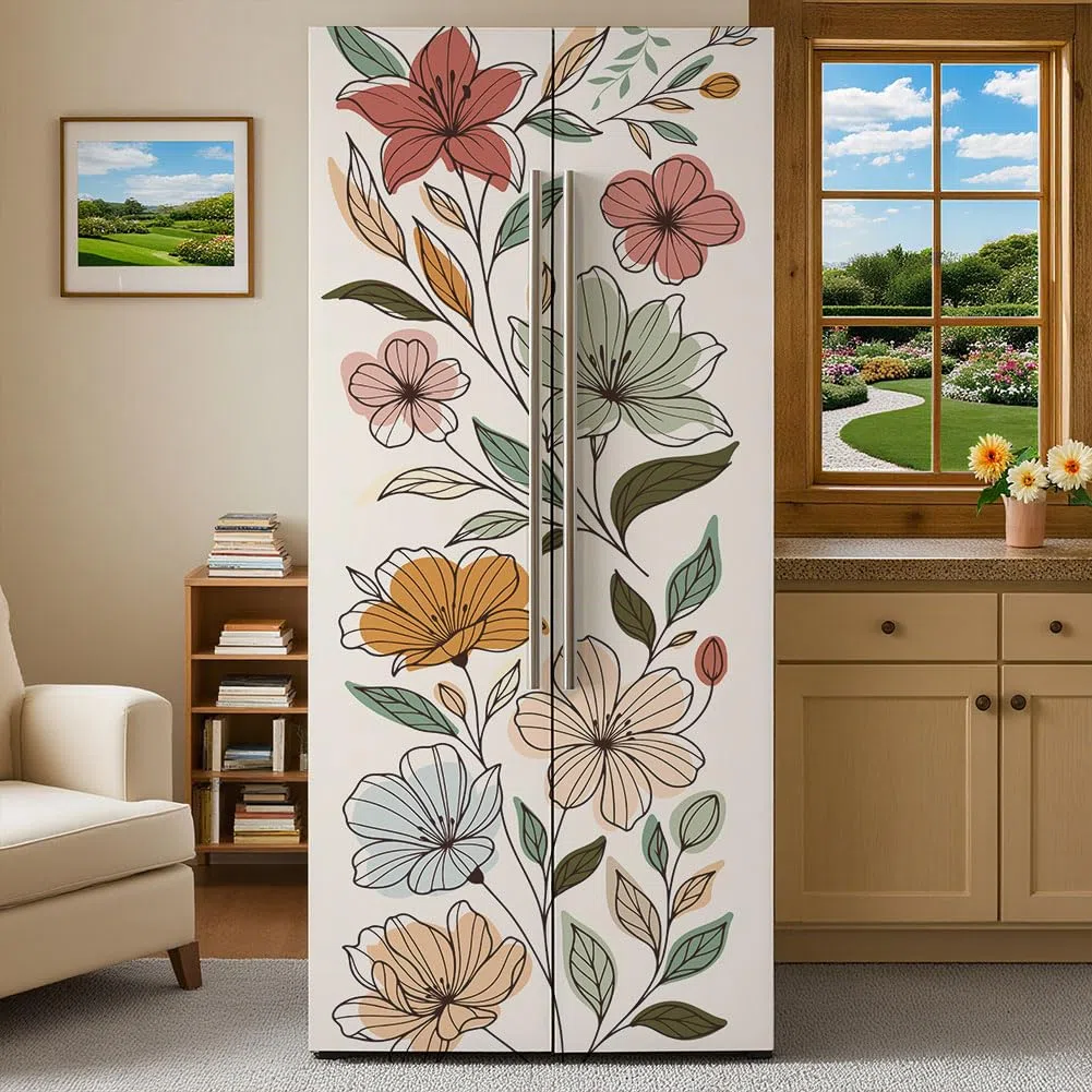 2 unidades funda extraíble para nevera con patrón de flores de línea boho autoadhesivo vinilo adhesivo mural pegatinas para puertas de refrigeradores congelador cubierta de panel para cocina