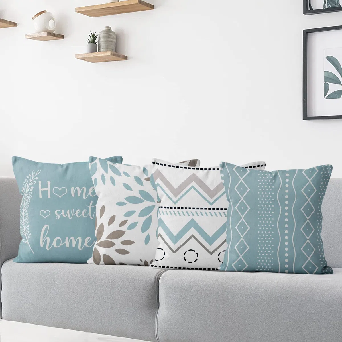 Azul Fundas de Cojín 40x40 cm Juego de 4, Moderno Azul Gris Blanco Geometría Estampado Rústico Cuadrado Sofá Decorativo Lavable Poliéster Lino Textil Exterior Jardín Funda de Almohada