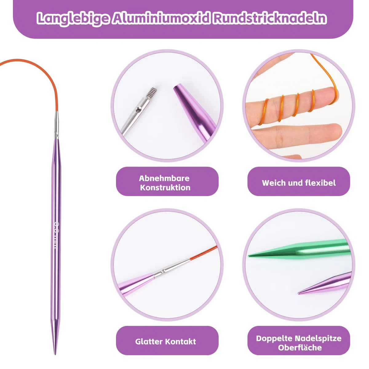 Coopay Juego de Agujas Circulares Intercambiables para Tejer Punto, 3,0-10 mm, Agujas Circulare (40cm/60cm/80cm/100cm), Aguja con Bolsa Almacenamiento, 13 Pares Aguja Circulares - Púrpura