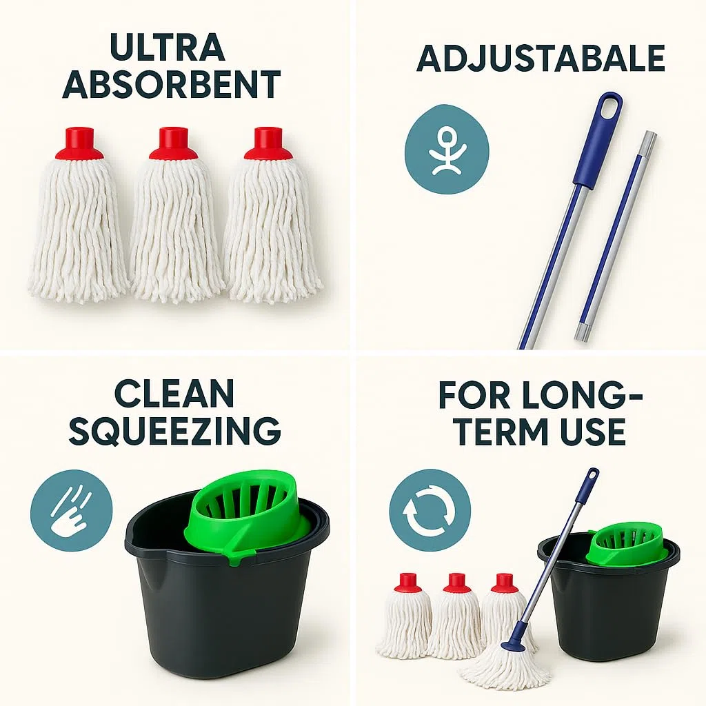 Pack Ahorro Fregonas Algodón con Cubo Escurridor Integrado Y Palo Ajustable Limpieza Profunda Suelos Brillantes Hogar Oficina Fácil Uso Alta Absorción Durabilidad Versatilidad Práctica Total