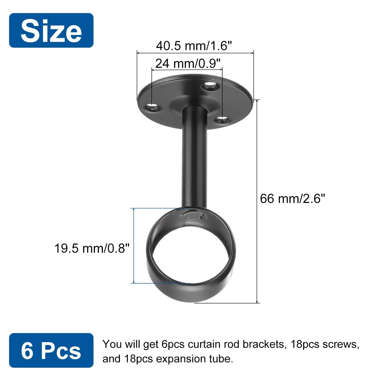 QUARKZMAN 6 Pcs Soportes para Barra de Cortina 5/7" (19mm) de Acero Inoxidable Soporte de Montaje de Cortina en el Techo Soporte de Extremo de Barra de Armario Soporte, Negro