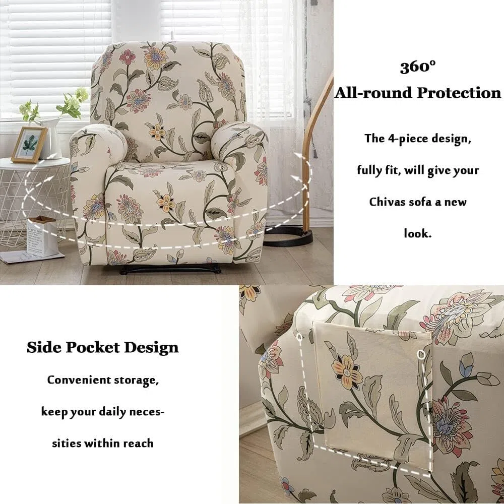 Fundas for sillones reclinables con Bolsillos for sillón eléctrico, 4 Piezas, elásticas, con diseño Floral, Antideslizantes, Protector de Muebles(A1)