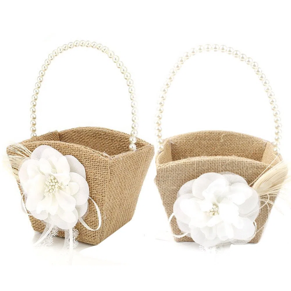 Awtlife 2 cestas rústicas de arpillera para niña de flores con mango de perlas para ceremonia de boda rústica vintage