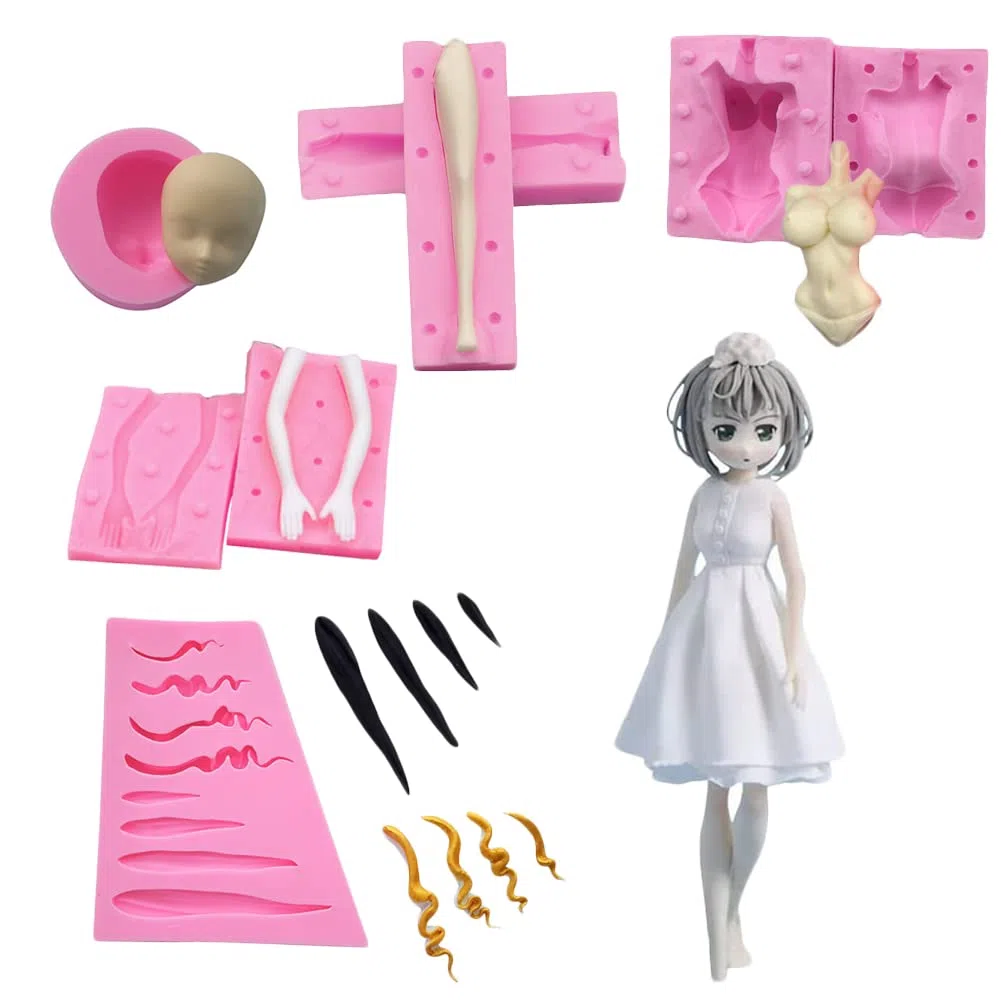 Molde de silicona 3D para cuerpo, pierna, brazo, cara, cabeza, muñecas modelo, fondant, manualidades, arcilla, reain, suministros de decoración de pasteles, herramienta para hornear (5 piezas)