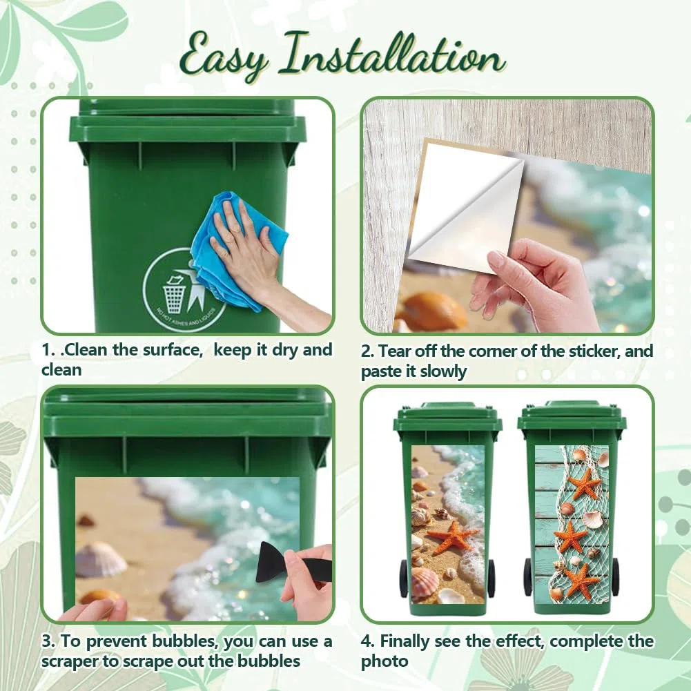 Peacoblue 2 hojas de calcomanías adhesivas para cubo de basura con diseño de estrella de mar y conchas marinas, 15 x 32 pulgadas, impermeables, grandes envolturas para contenedores, nevera, pared al