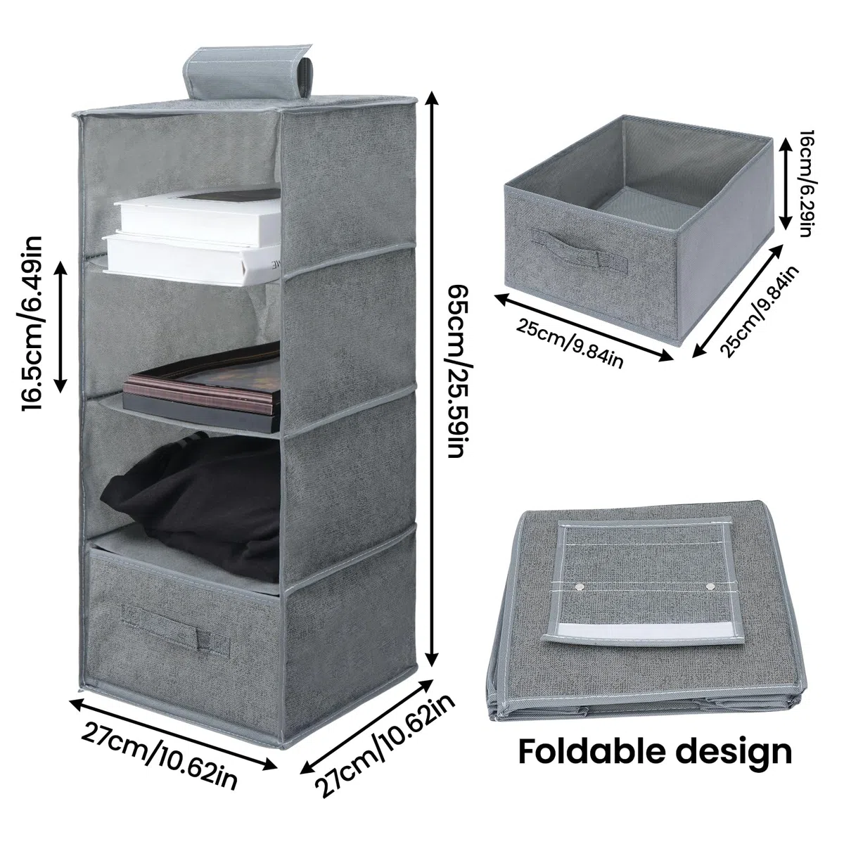 Organizador Armario Colgante con 4 Compartimentos, Organizador de Armario con 1 Cajón, Lavable Baldas Armario Interior, Arrumacao Roupeiro para Dormitorio Caravana Camping (Gris)