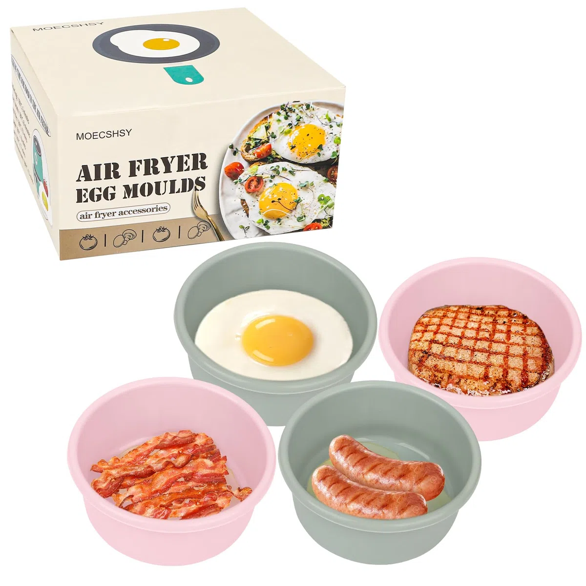 MOECSHSY Moldes para huevos freidora de aire, 13,3 cm, silicona antiadherente, para horno y microondas, accesorios reutilizables