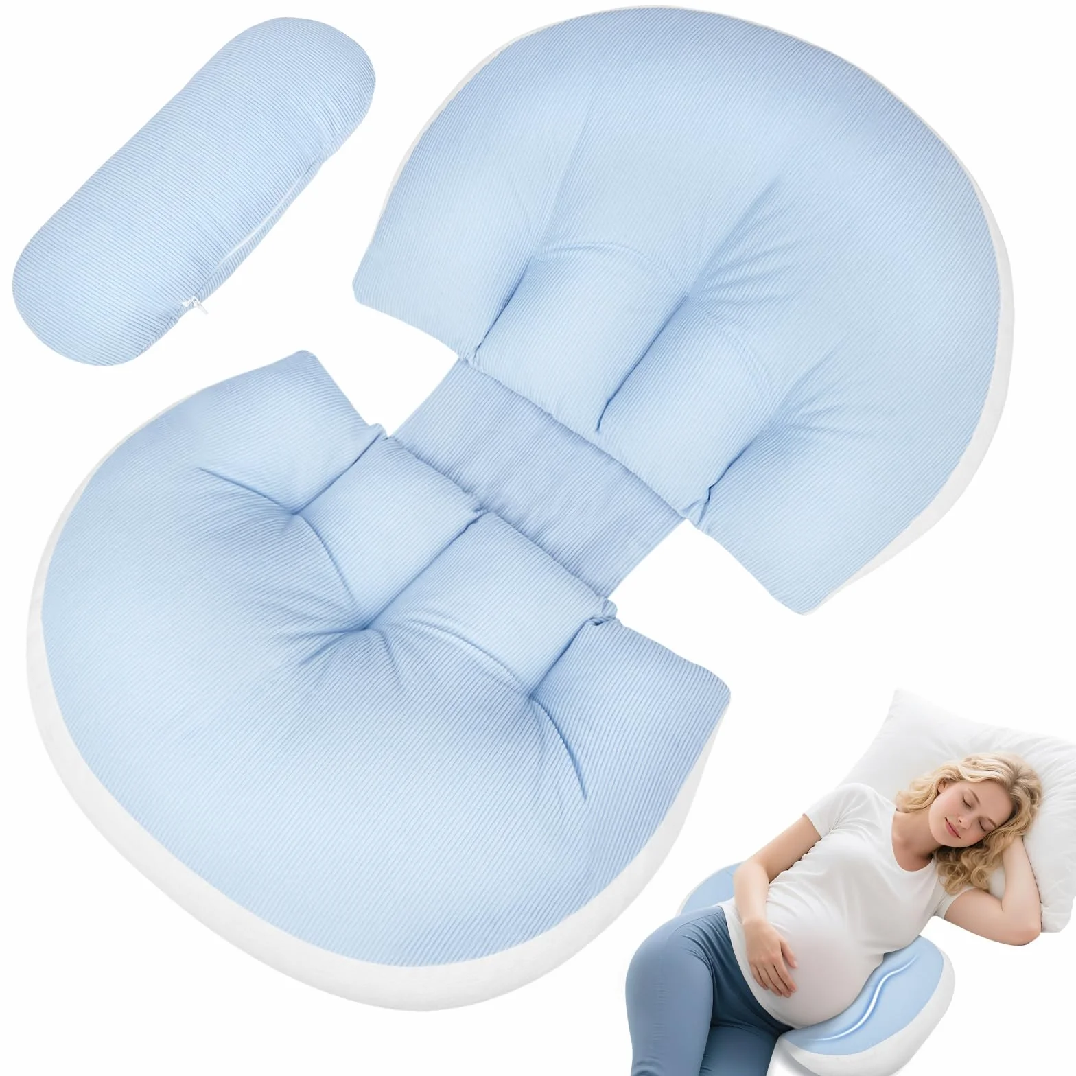 Almohada Embarazada, Ajustable Pregnancy Pillow, Suave Y Cómodo Almohada para Embarazadas para Apoyo De Espalda, Caderas, Doble Cuña Extraíble con Funda, La Mejor Momo Embarazada (Azul)