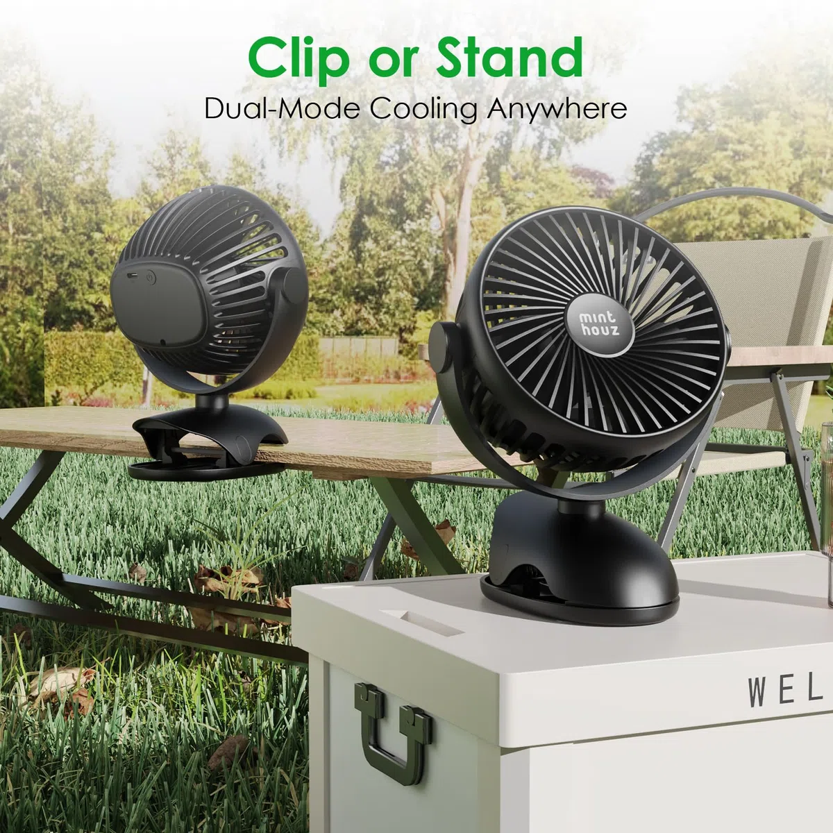 Minthouz Ventilador USB C con Pinza 7200mAh Recargable, 4 Velocidades, Rotación 360°, Silencioso, 25H Batería, Mini Portátil de Escritorio y Mesa para Oficina/Camping/Cochecito/Hogar