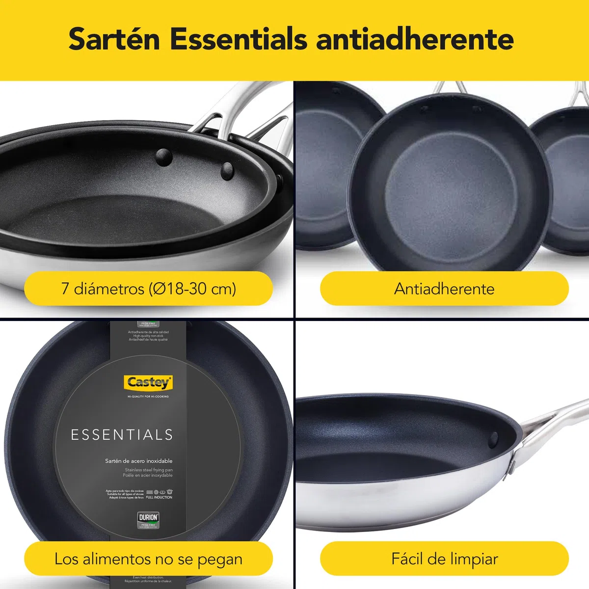Castey - Sartén Antiadherente Inox Essentials, Modelo EA-S18, Color Plata, Tamaño 18 cm, Acero inoxidable Revestimiento Antiadherente, Apta para Todas las Cocinas, Recubrimiento Durión