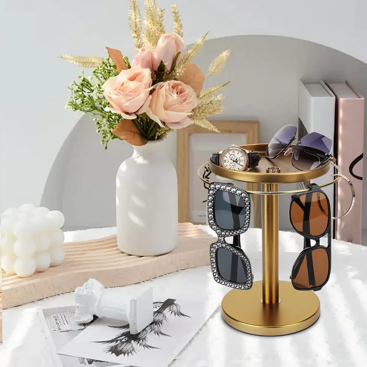 Expositor para Gafas - Organizador Giratorio a 360 Grados | Porta Gafas de Sol de Hierro con Bandeja para Joyas, Relojes, cosméticos | Estante de Almacenamiento doméstico Desmontable para tocador,