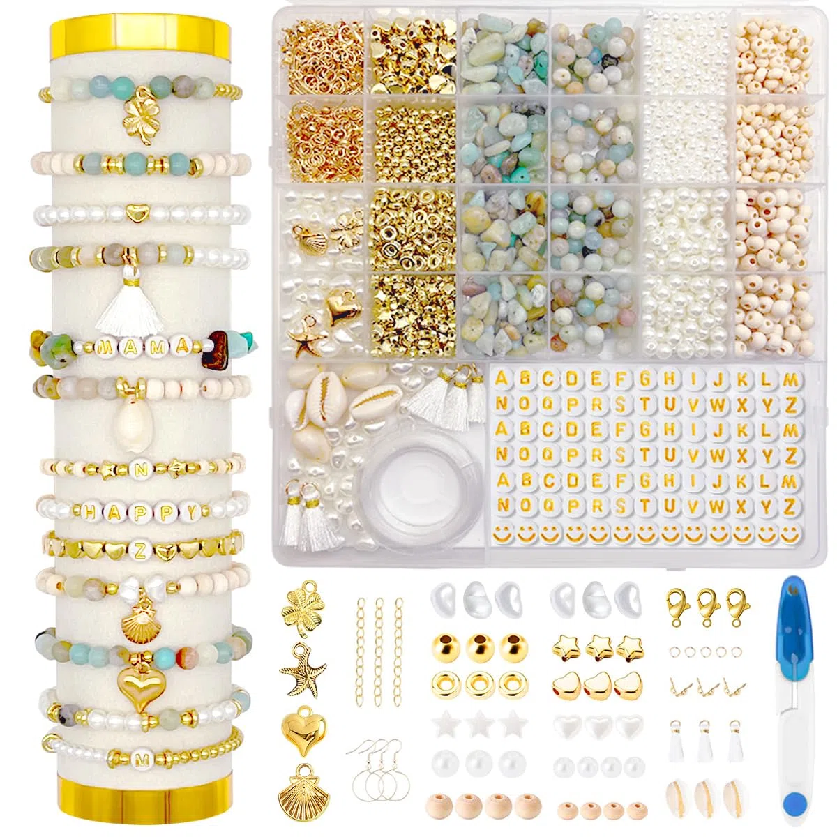 CAwished Cuentas de amazonita natural abalorios para hacer pulseras, bisutería DIY, juego de cuentas para ensartar, cuentas DIY para bisutería, kit para hacer pulseras DIY para niños y adultos
