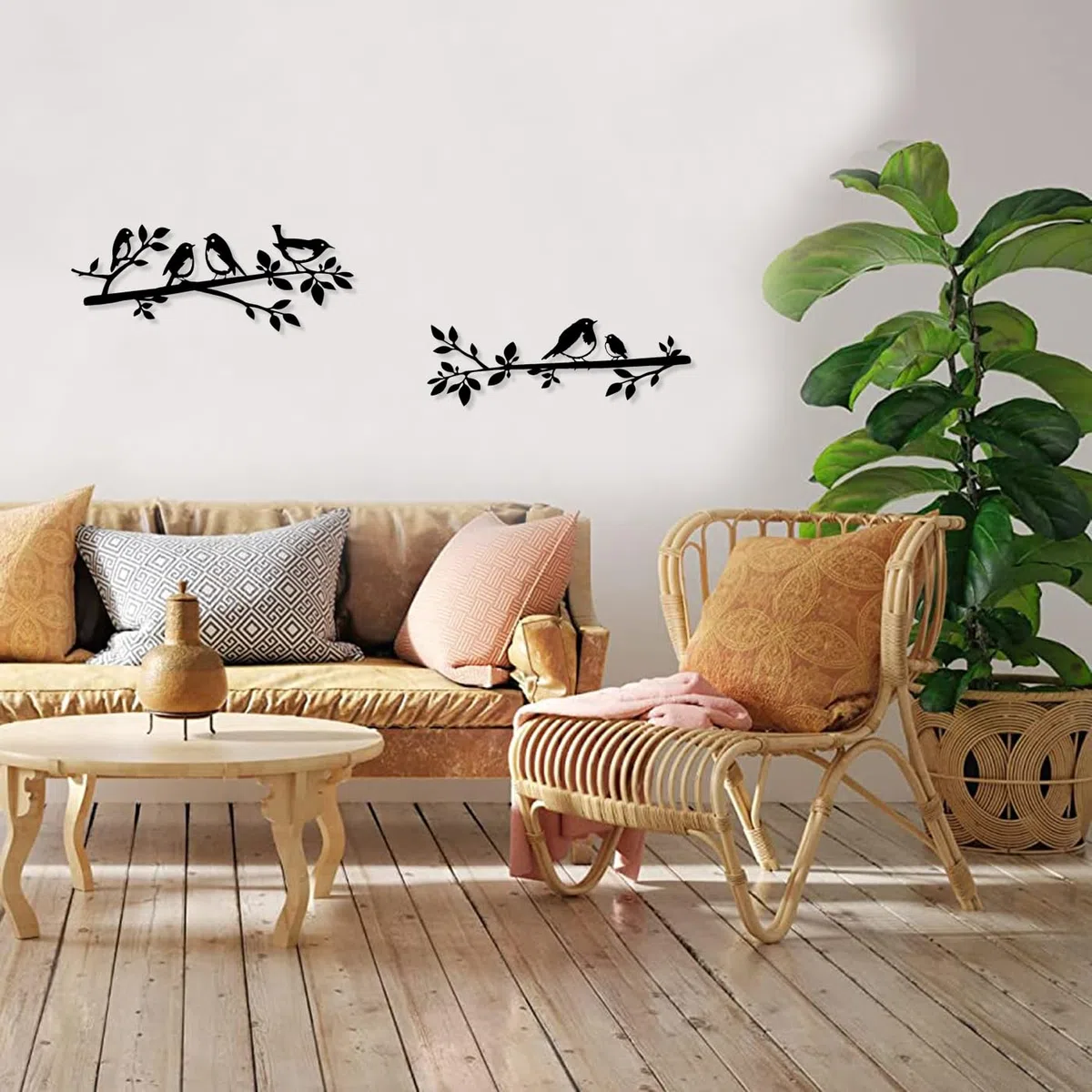 Pduoduo Decoración de pared de metal con diseño de pájaro en rama, silueta enamorada para salón, jardín